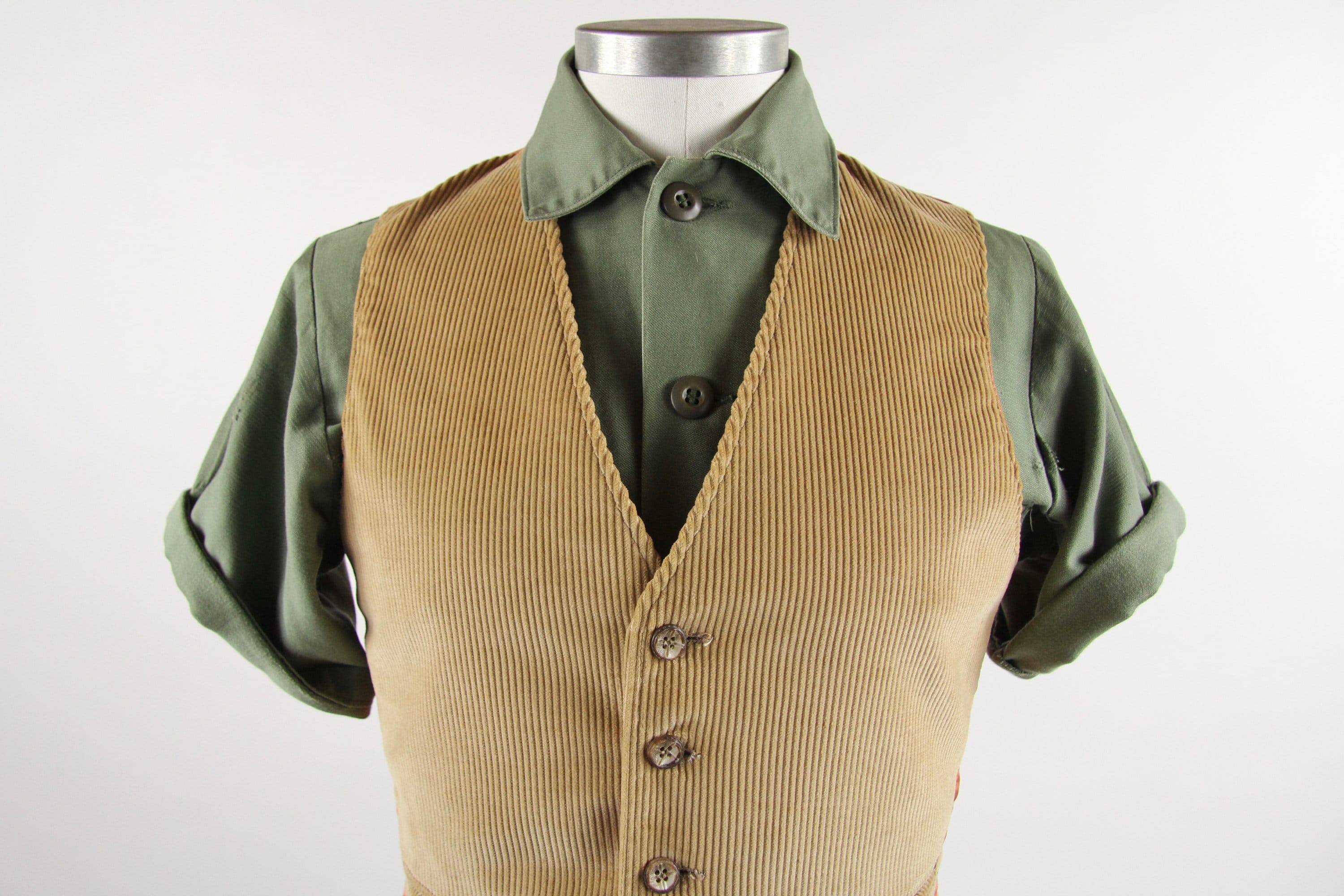 Men's Corduroy Vest Tan / Khaki Vintage Vest Size Small / Medium