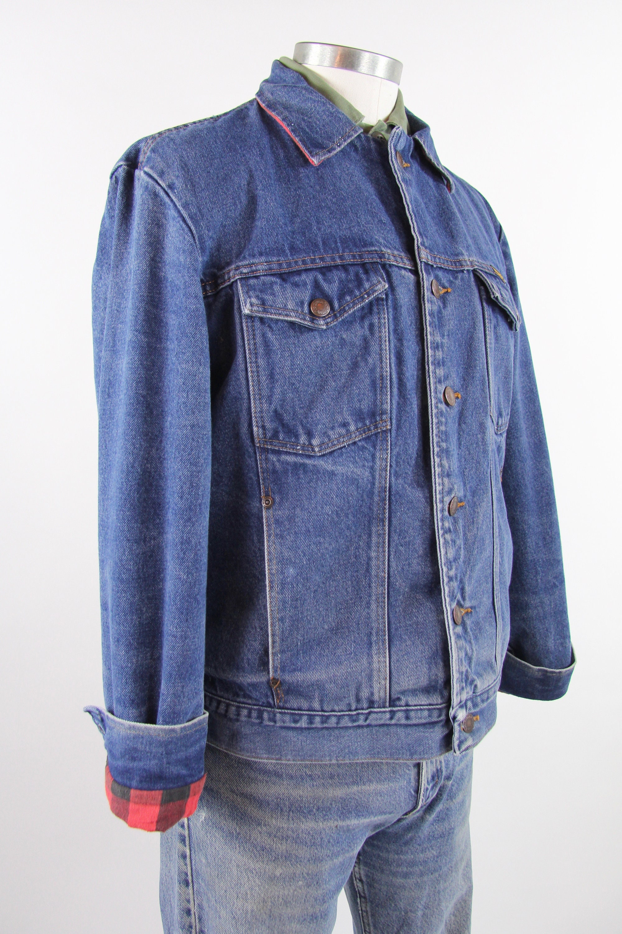 Wrangler Jean Jacket Flannel Lined Red and Black Plaid Men's Trucker