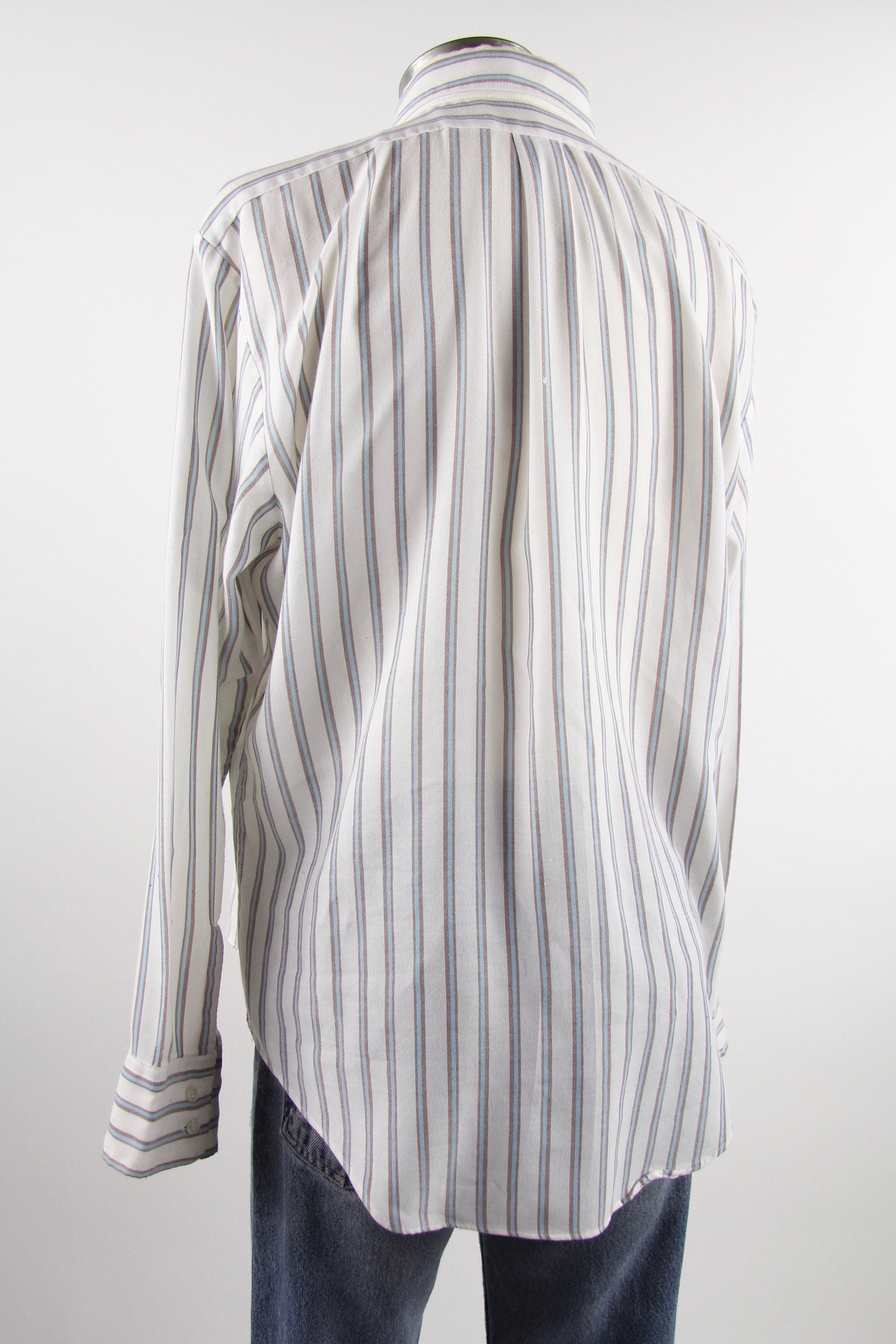 Striped Work Shirt White & Blue Men's Vintage Button Down Size Medium Large