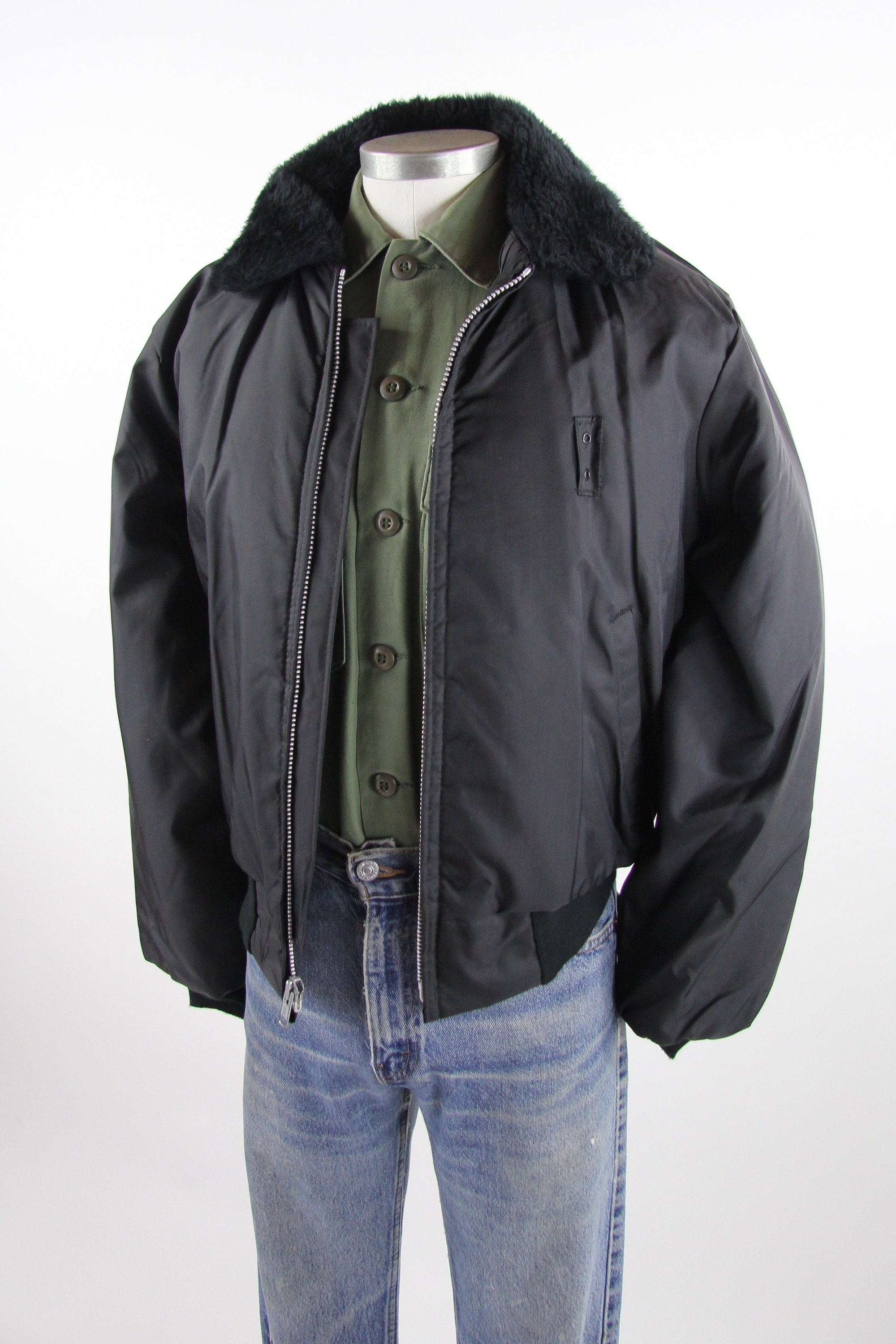 Men's Nylon Black Bomber Jacket Work Uniform Coat Vintage Size Medium