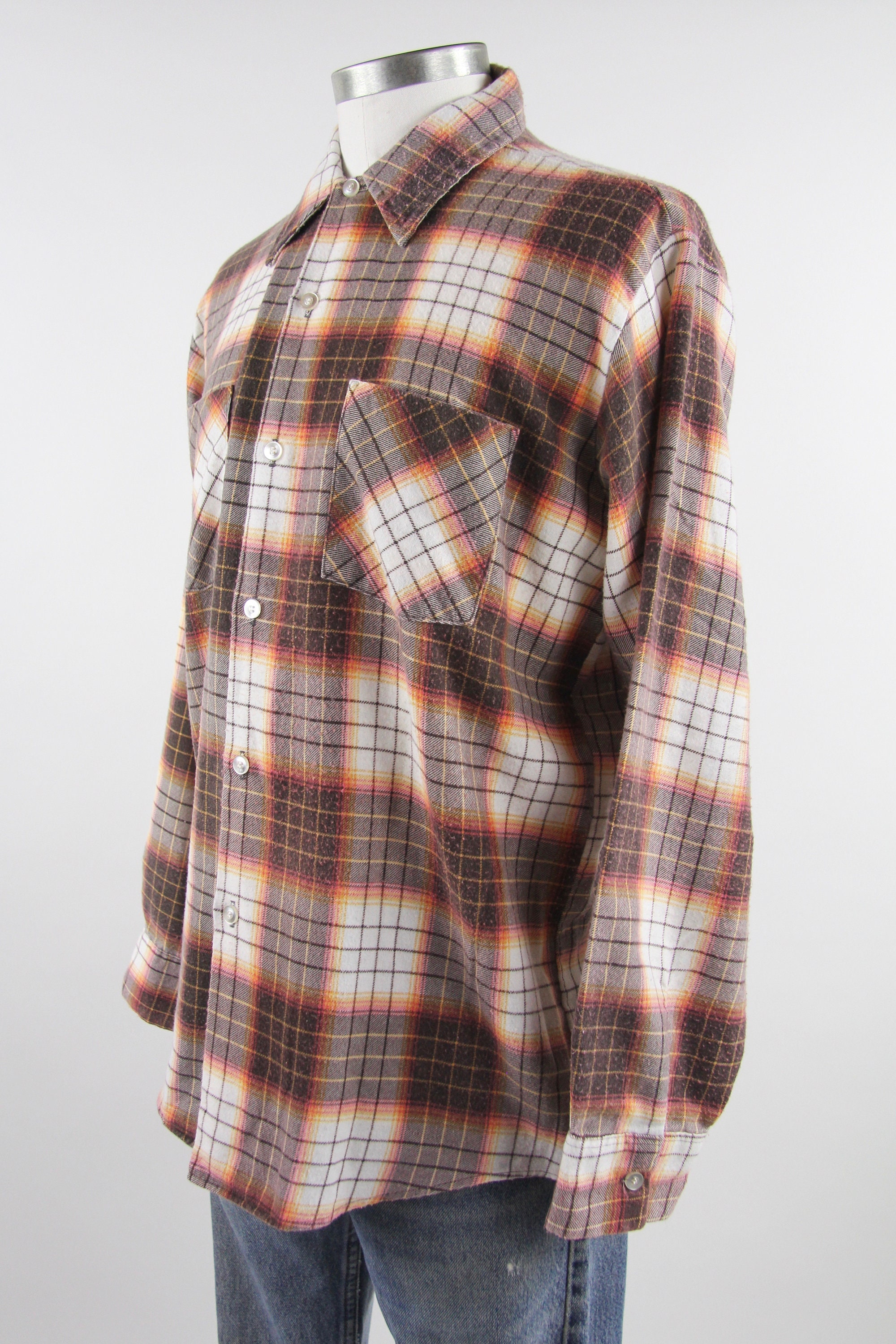 60's Plaid Flannel Shirt Long Sleeve Men's Shirt Brown White Orange