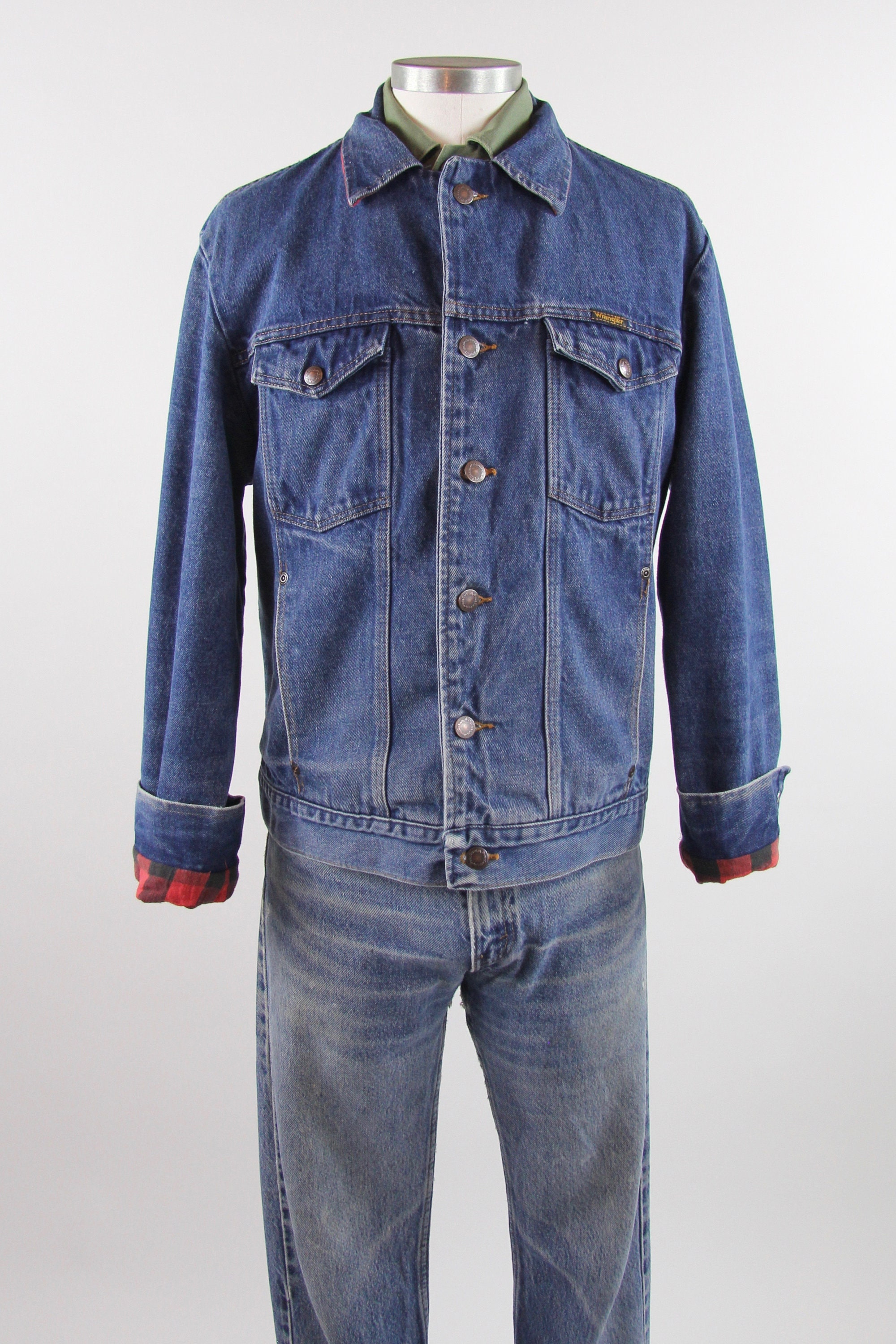 Wrangler Jean Jacket Flannel Lined Red and Black Plaid Men's Trucker