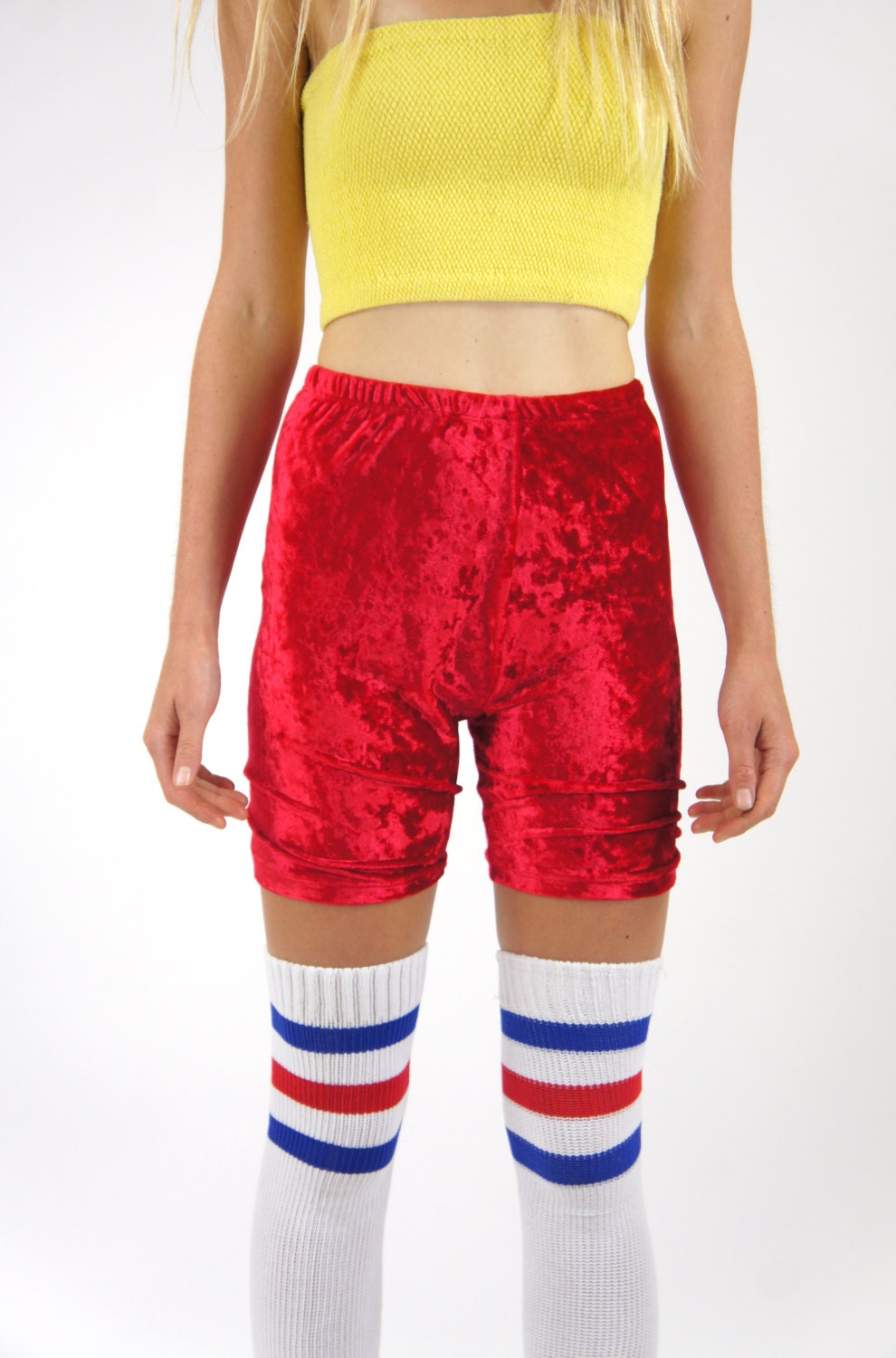 80s Red Velvet High Waist Disco / Roller Skating / Dance Stretch Shorts