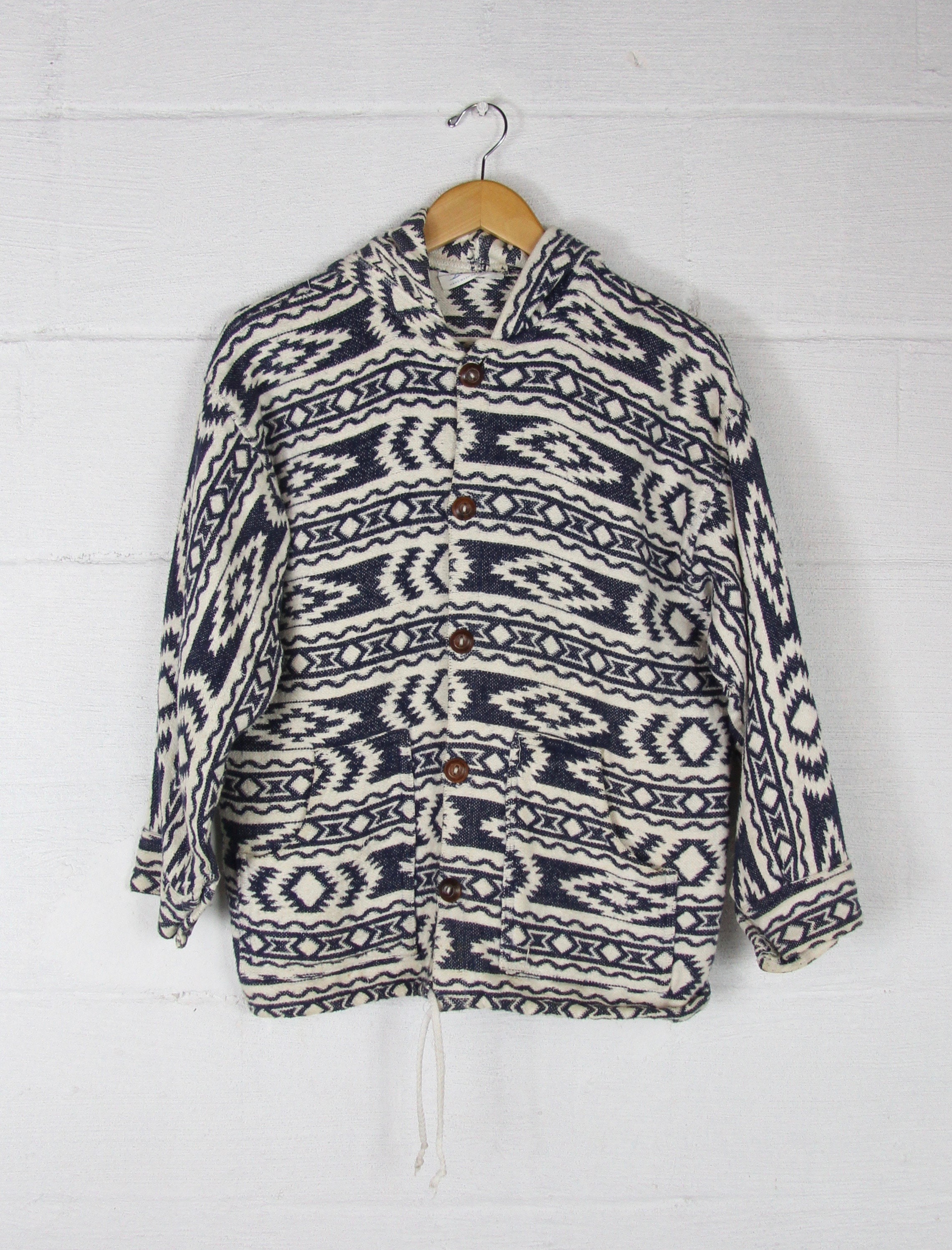 Patterned Hoodie Button Down Navy and White Vintage Western Navajo ...