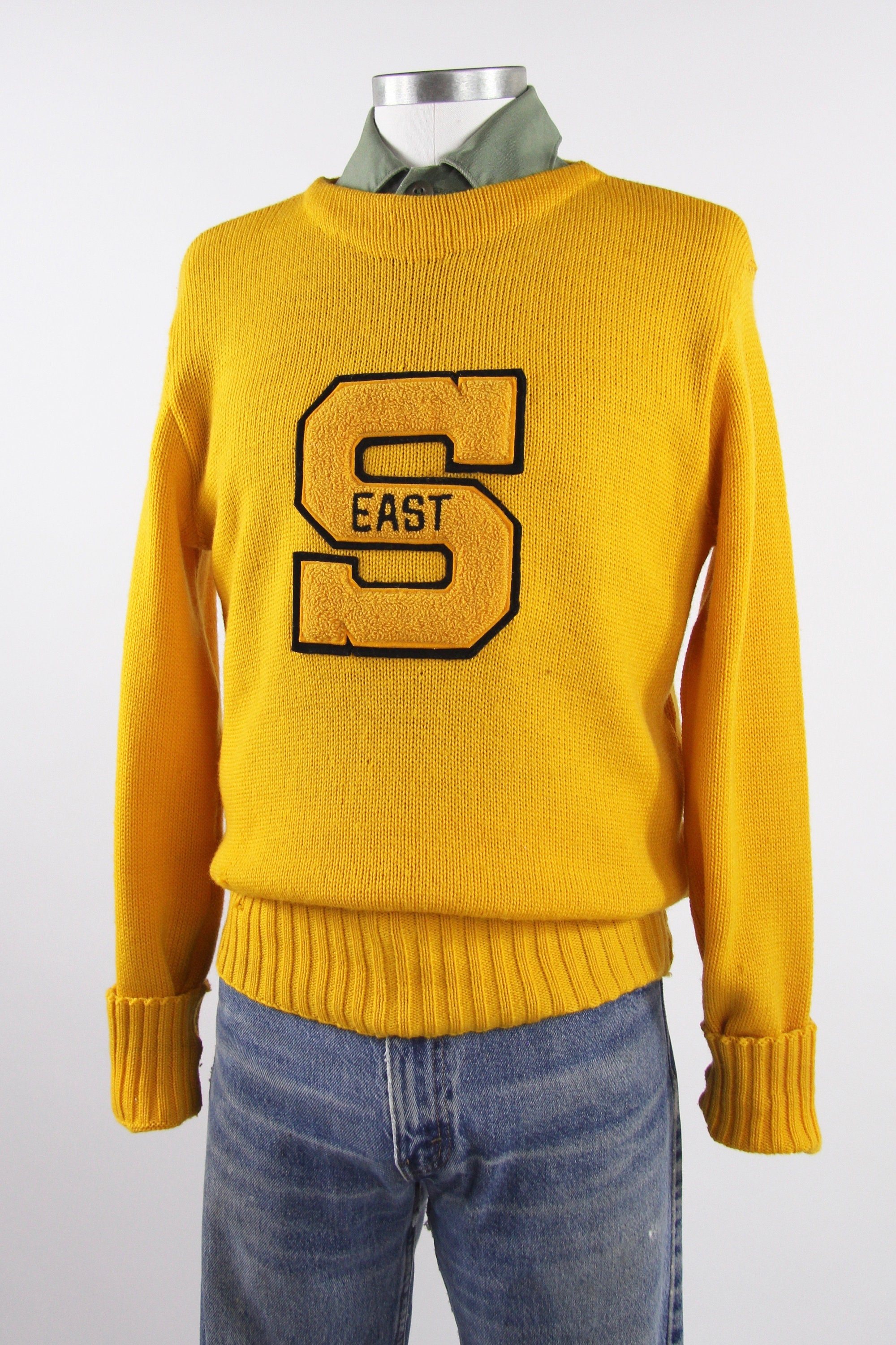 1950's Varsity Sweater Yellow Letterman Pullover Sweater Gerry's Sport Shop Vintage Size Medium