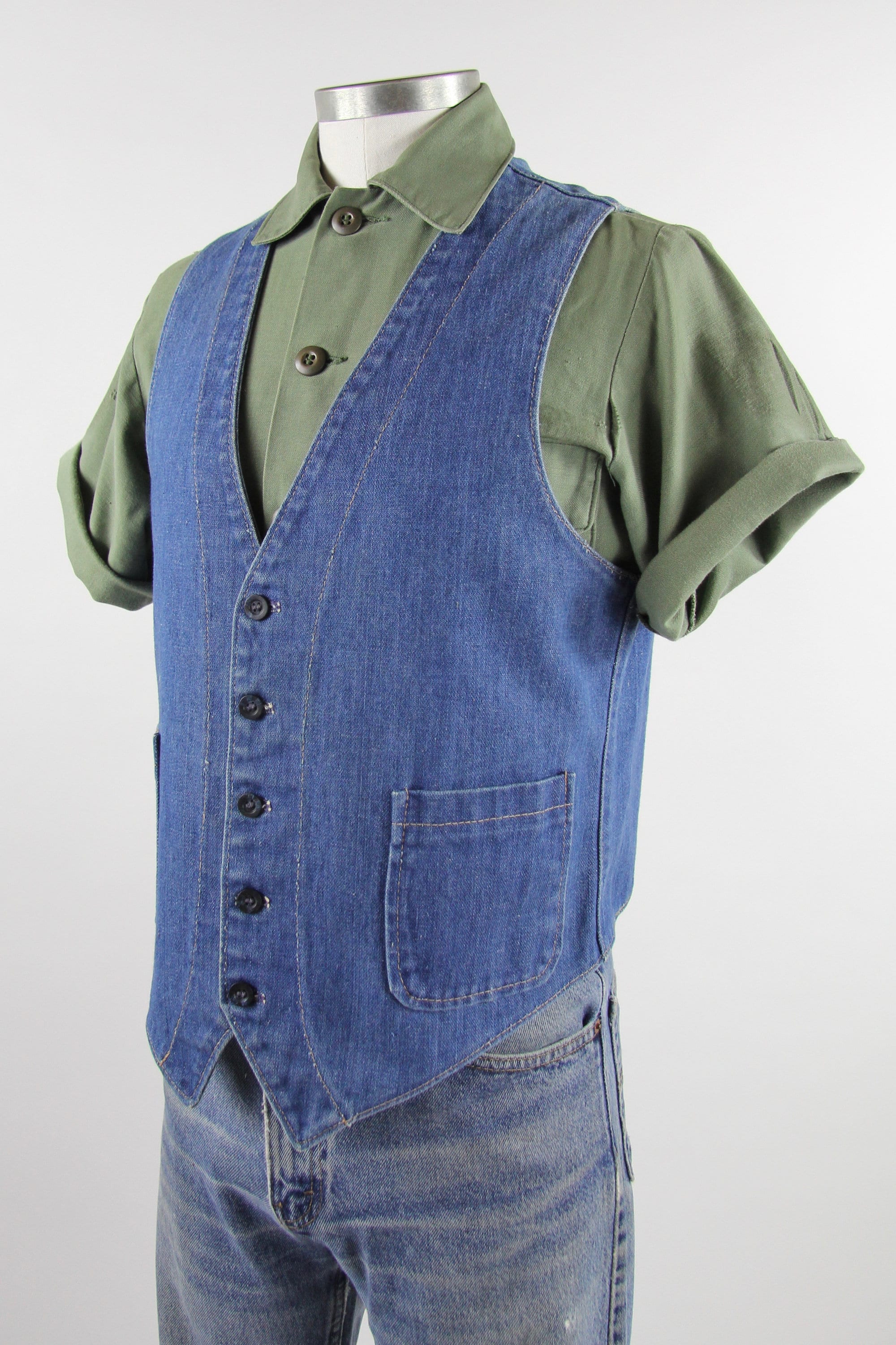 Denim Vintage Vest Men's Button Down Jean Vest Size Medium Large
