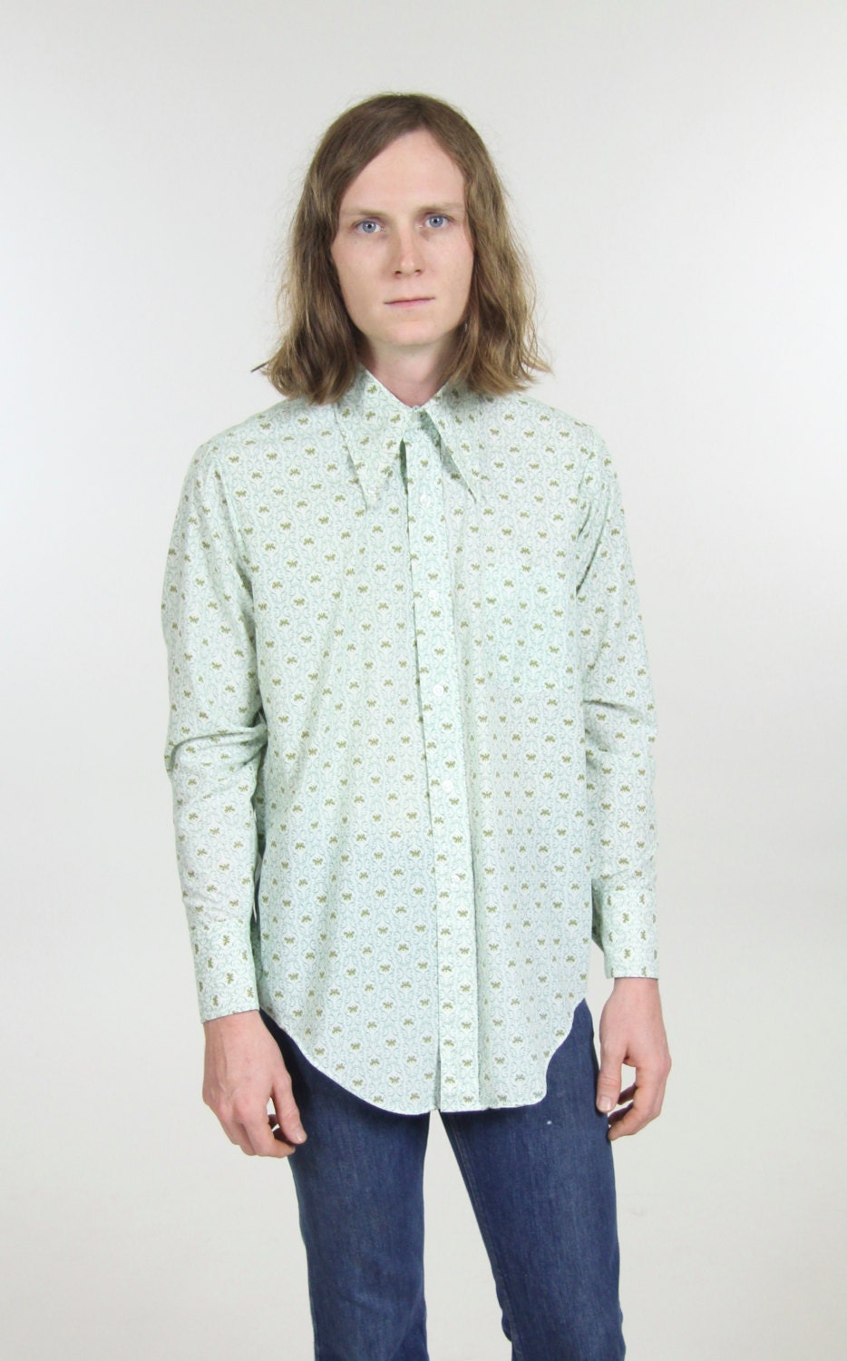 Psychedelic Green Vintage Button Down Long Sleeve Button Up Dress Shirt