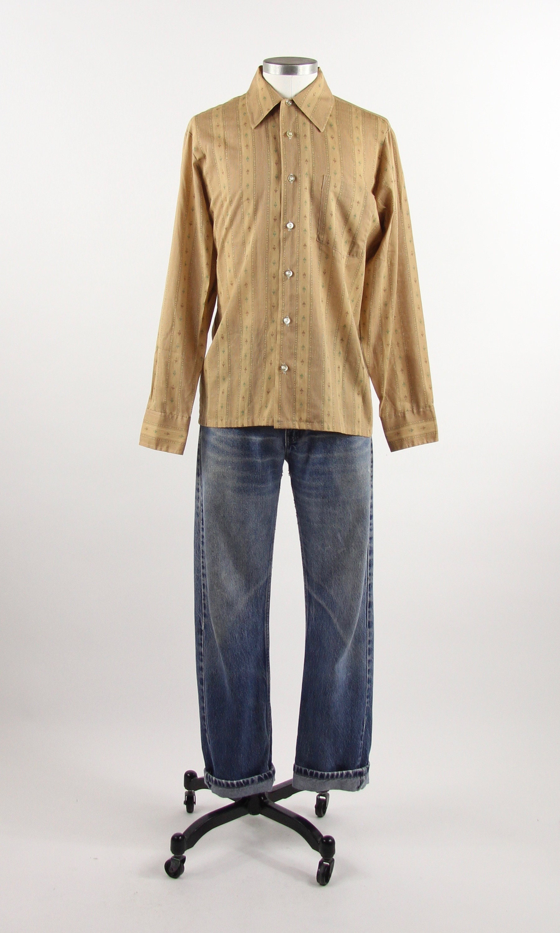 Men's Striped Brown Shirt Green Patterned Button Down Dress Shirt 60's