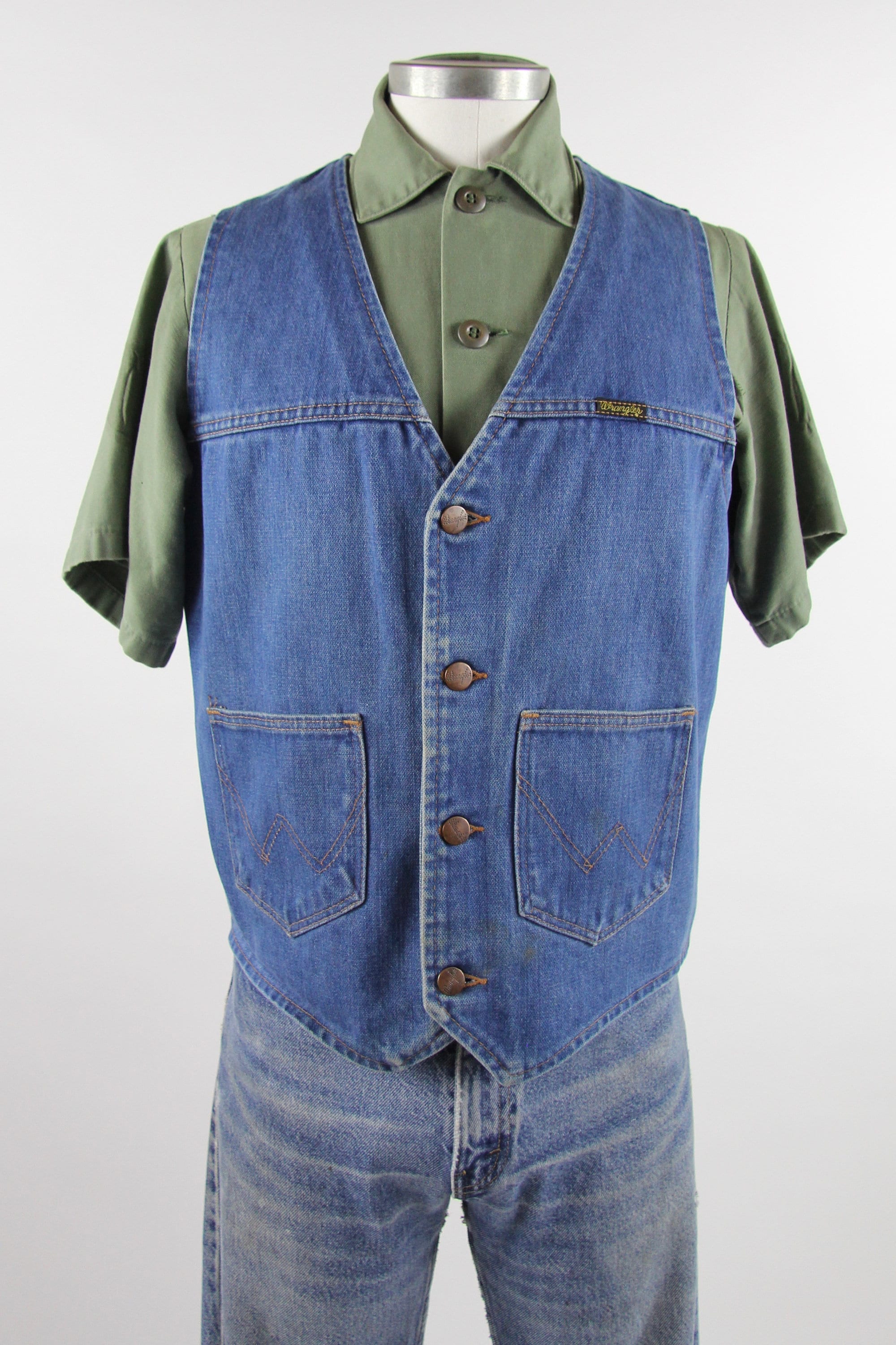 70's Wrangler Vest Vintage Denim Blue Jean Vest Size Medium
