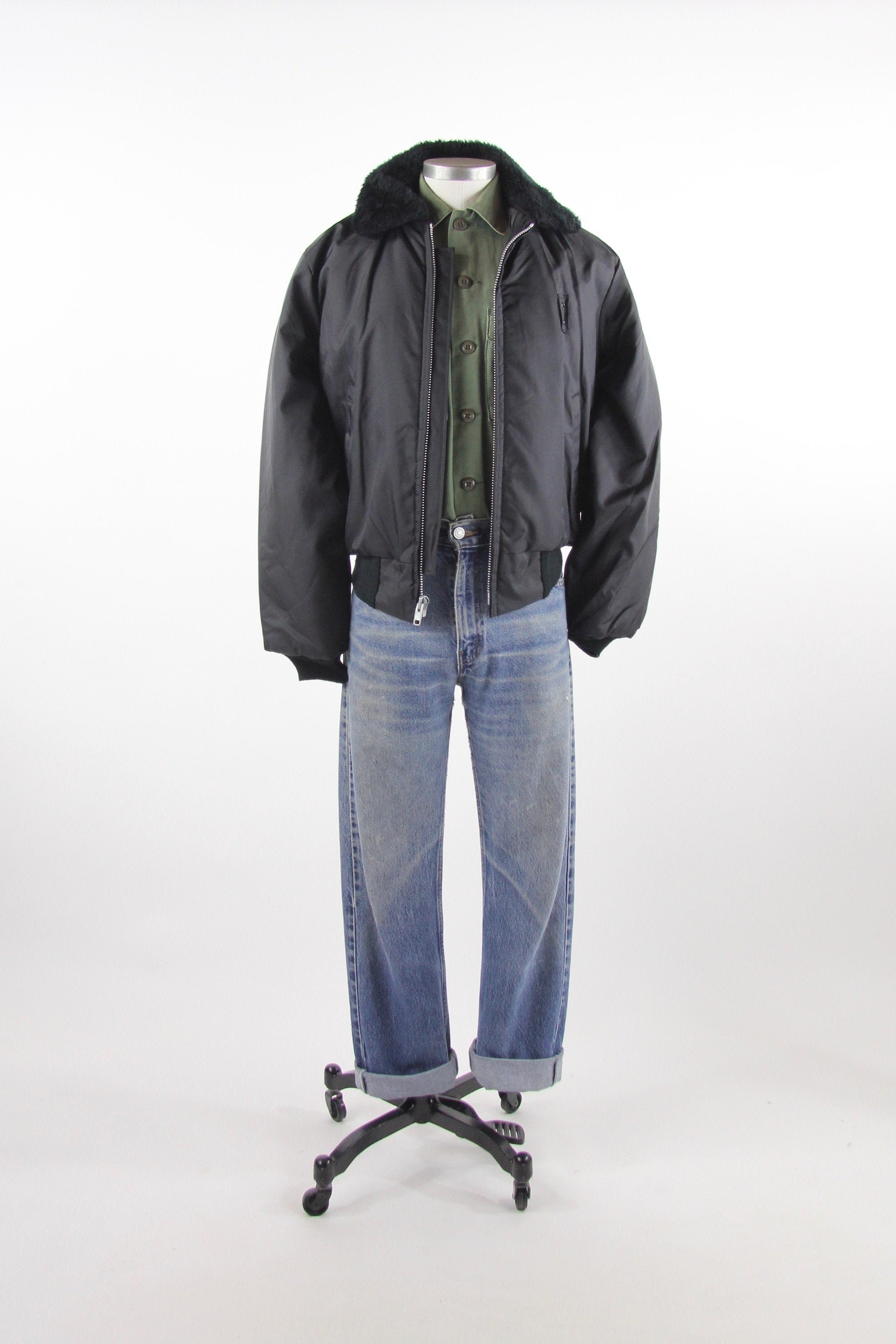 Men's Nylon Black Bomber Jacket Work Uniform Coat Vintage Size Medium