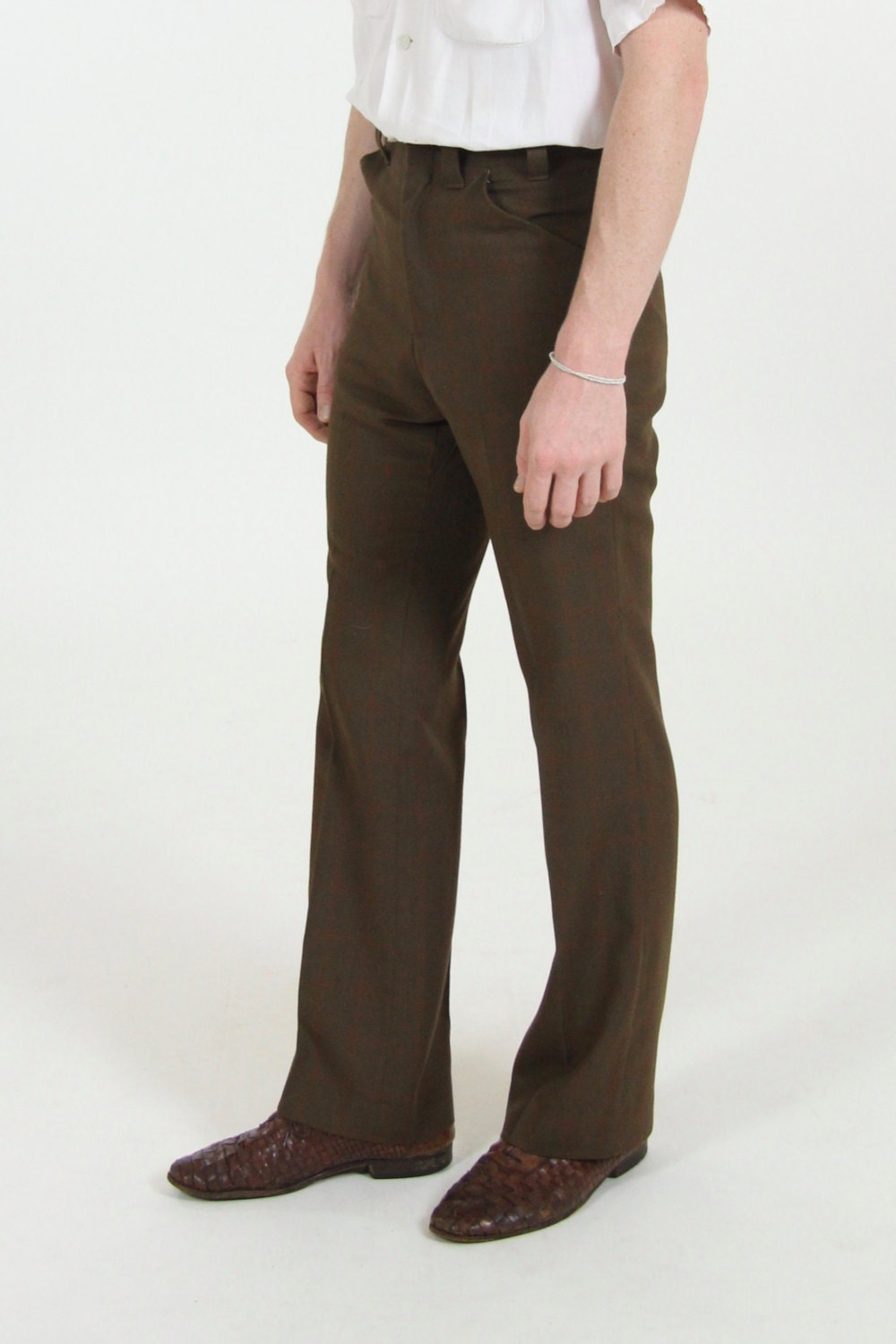 Men's High Waisted Pants Brown Plaid and Red Striped Dress Trousers Handmade Vintage Slacks 28 x