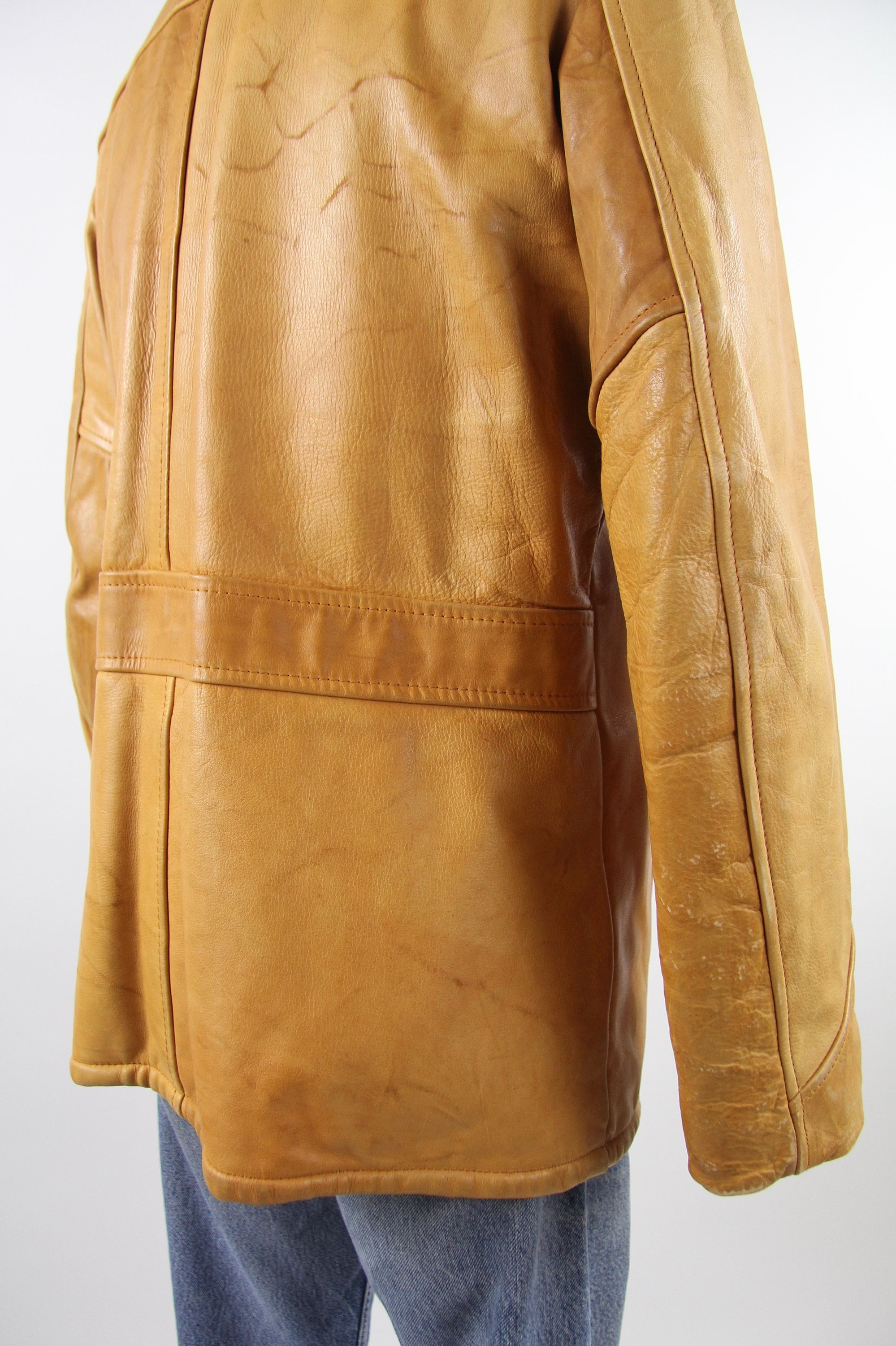70's Tan Leather Men's Coat Thick Heavy Leather Farm Jacket Men's
