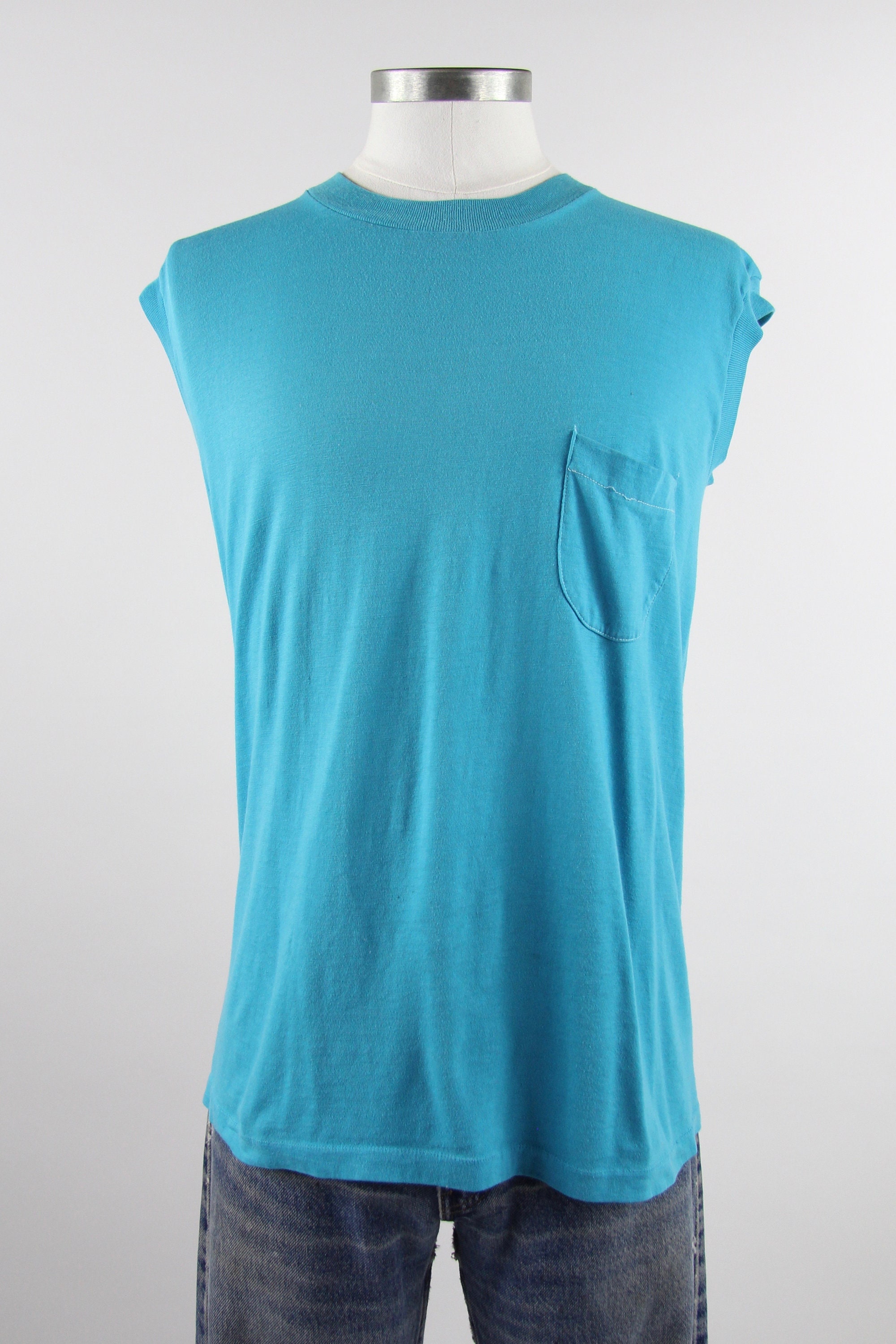 Blank Teal Sleeveless Pocket Tee Paper Thin Blue T-Shirt Vintage Size ...