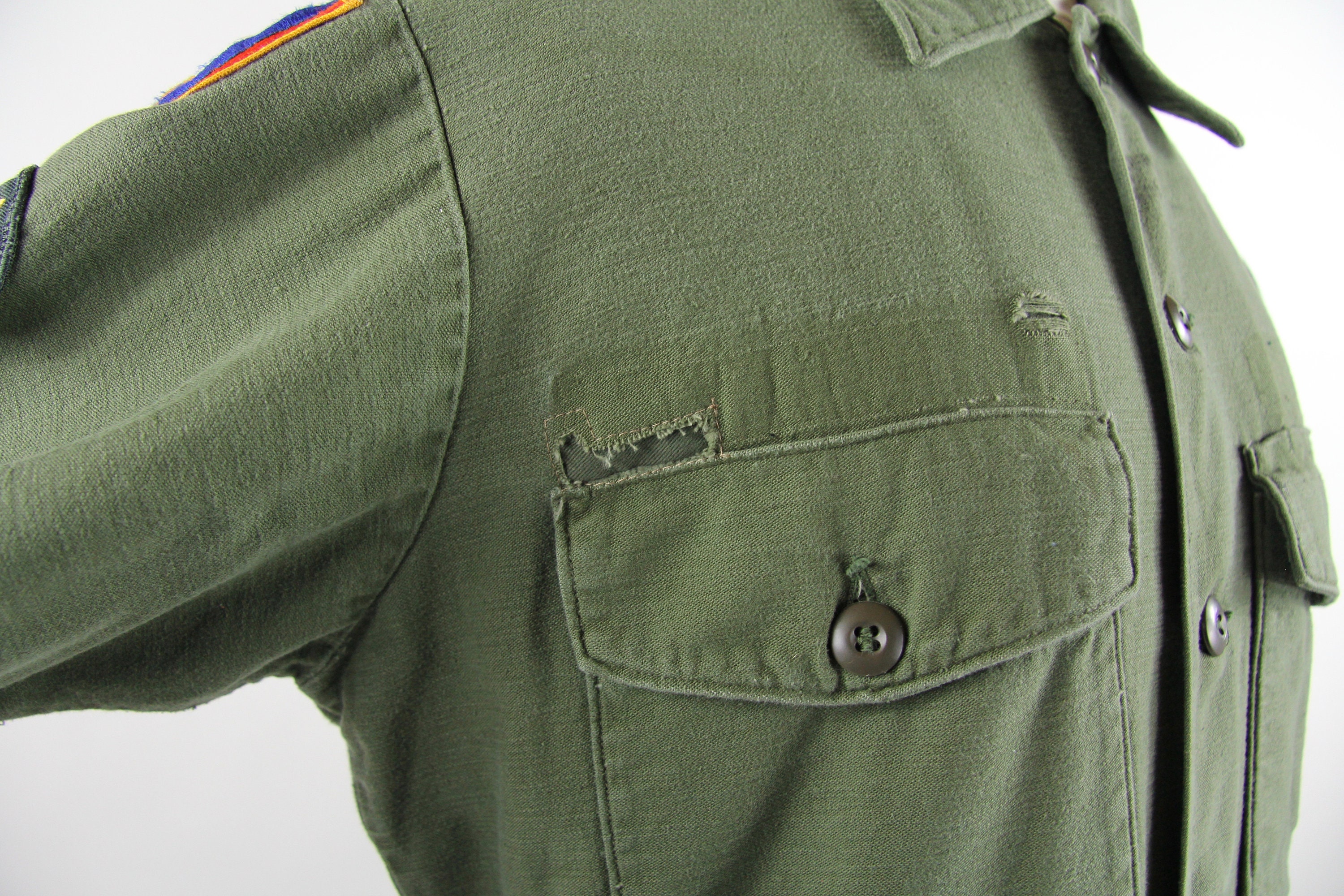 Men's Military Shirt Vintage Fatigue Green Army Button Down with