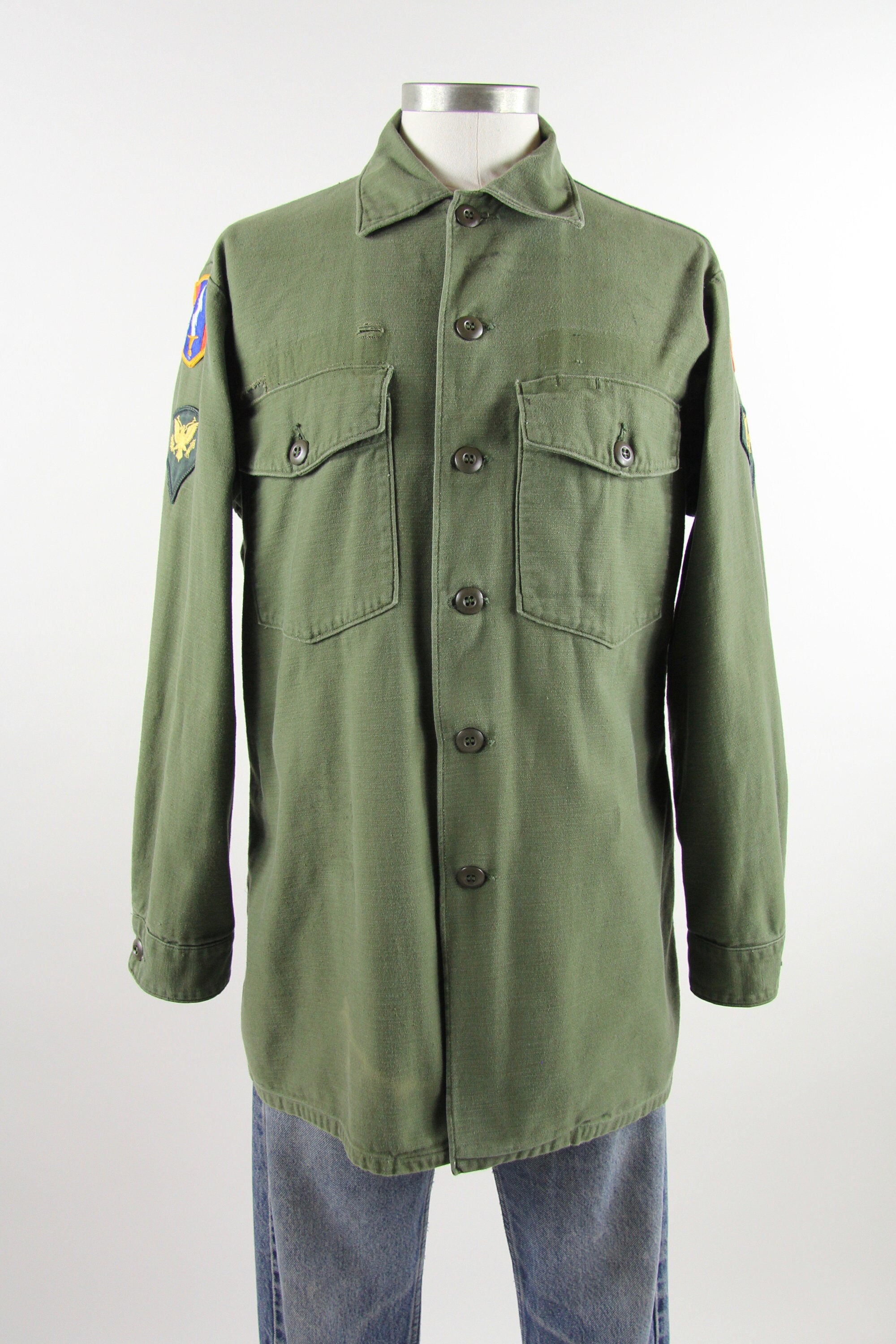 Men's Military Shirt Vintage Fatigue Green Army Button Down with