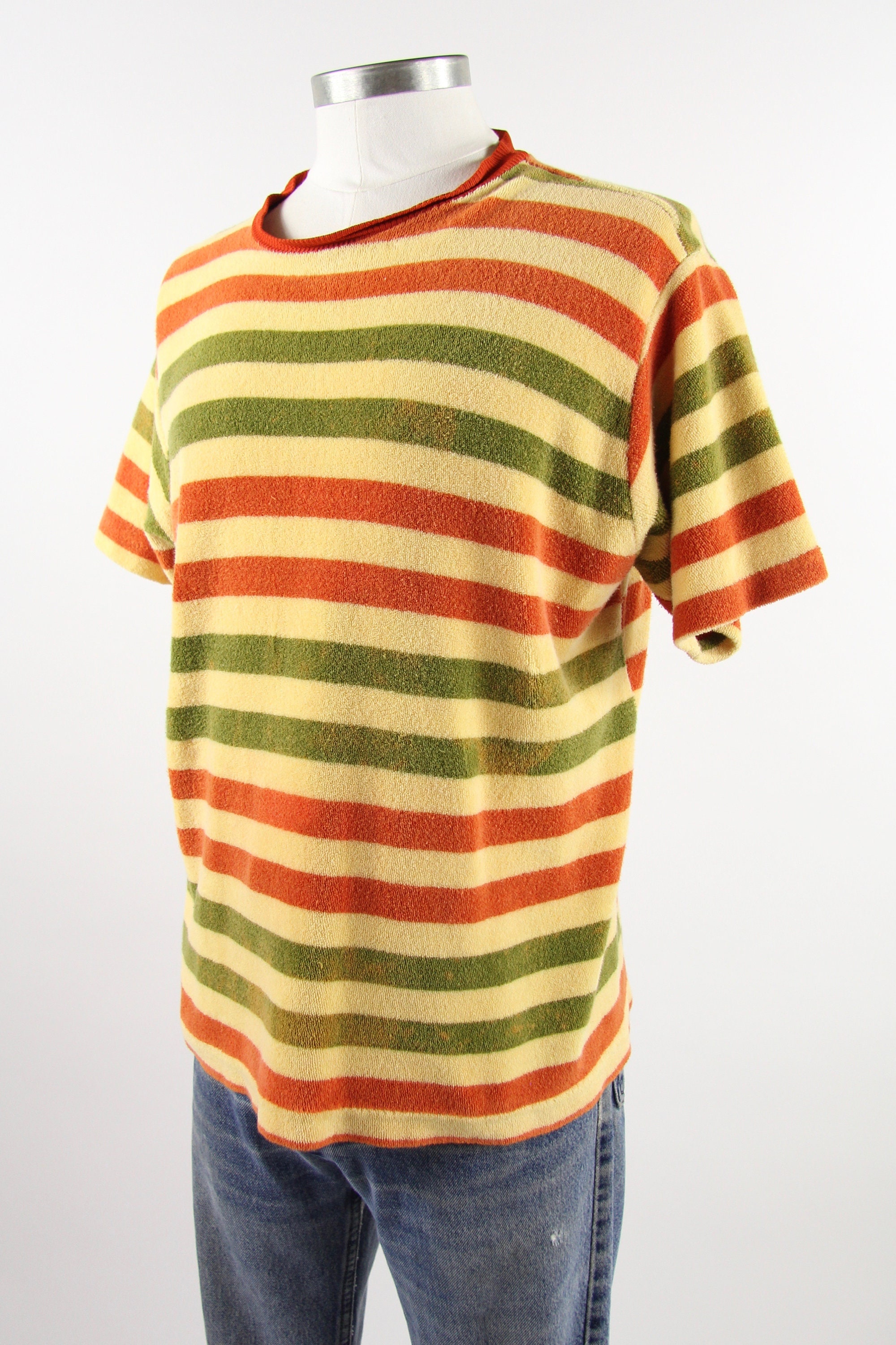 60's Striped Shirt Yellow Terry Cloth T-shirt Size Medium