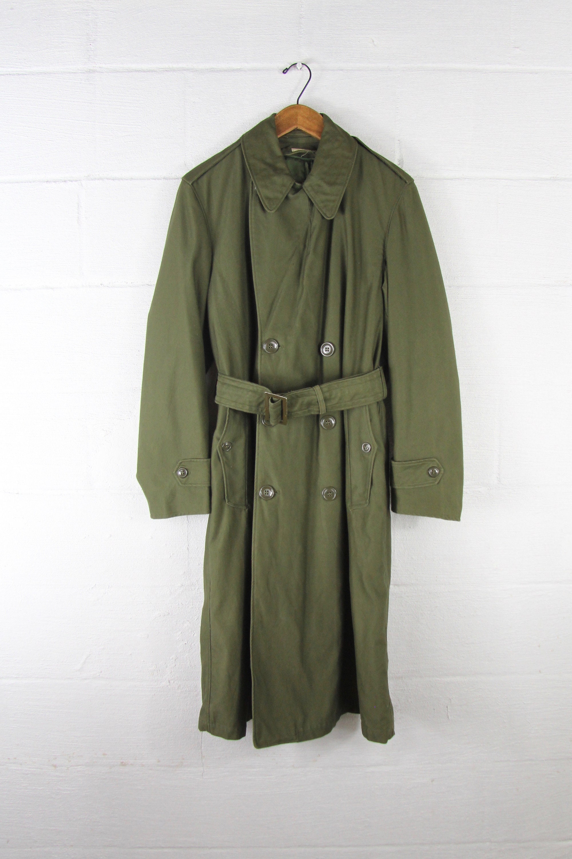 LINED Military Trench Coat Vietnam Army Green Thick Heavy Vintage