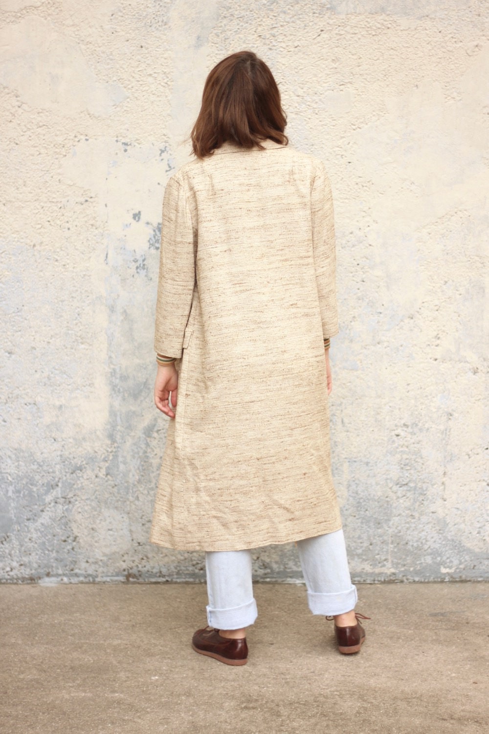 50's Long Jacket Cream Dress Coat Mod Knee Length Coat Made in NY USA