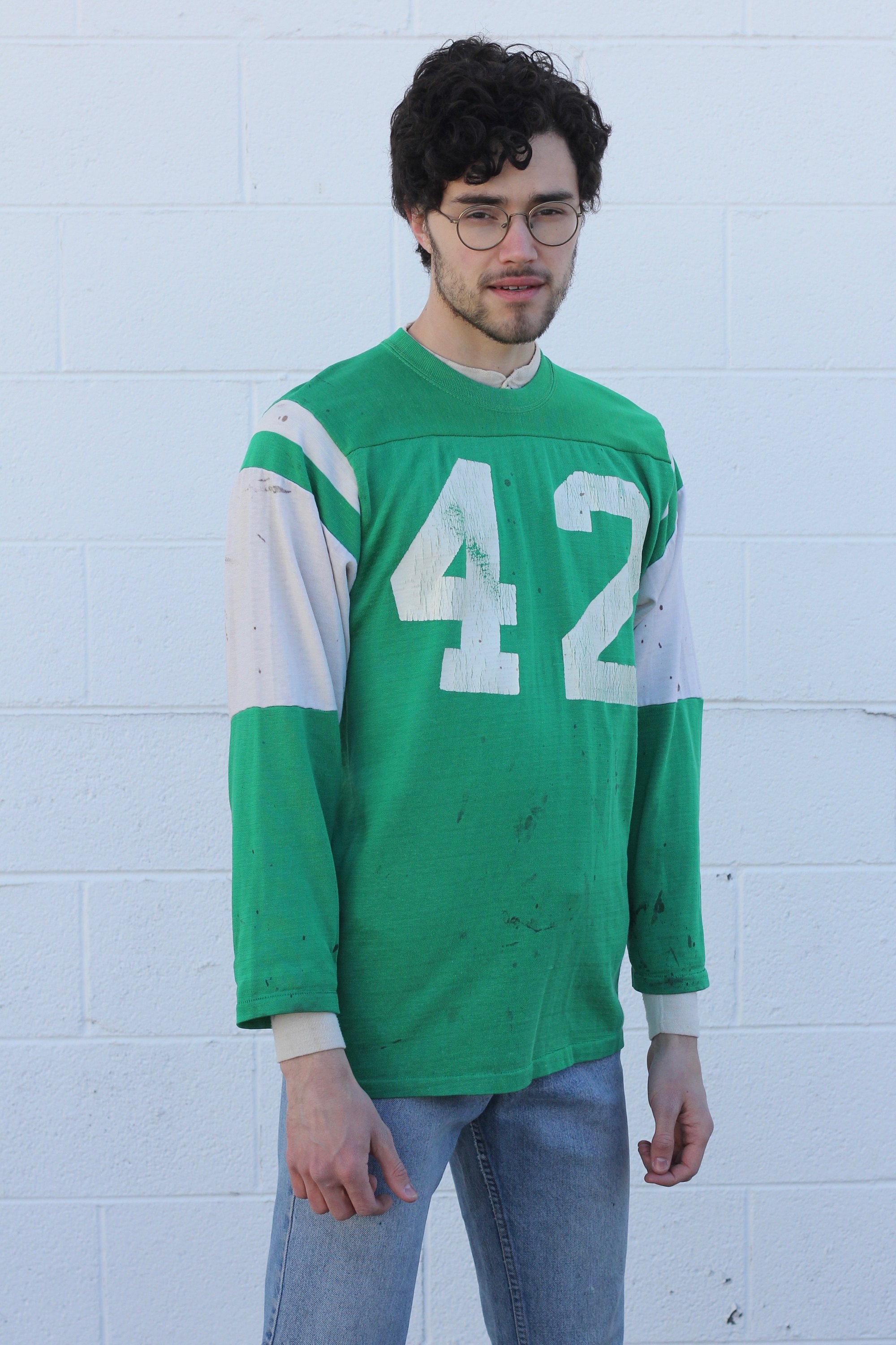 Distressed Green Football Jersey 42 Long Sleeve Raglan Vintage Shirt