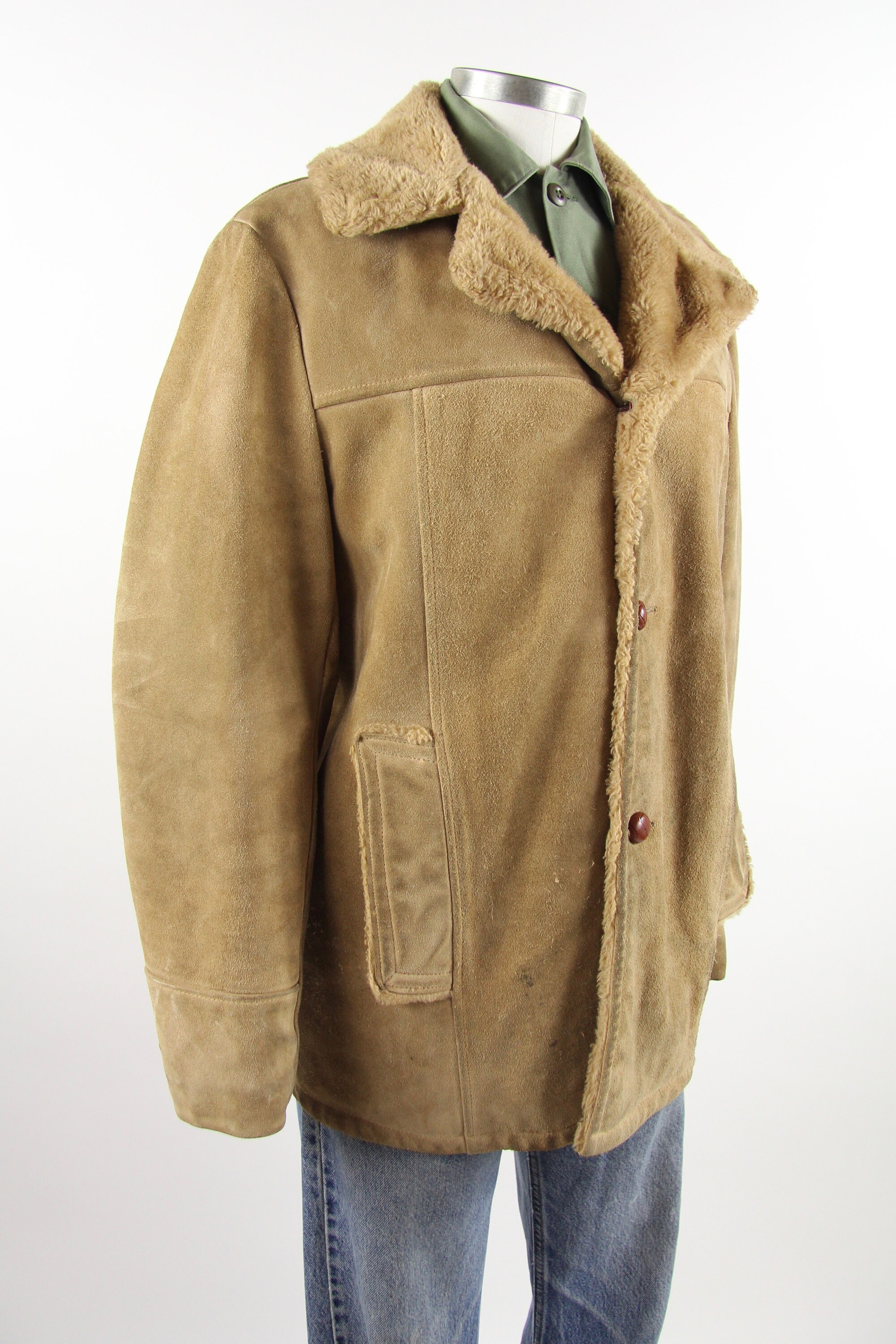 70's Suede Leather Light Brown Coat Chore Work Farm Coat Long Jacket