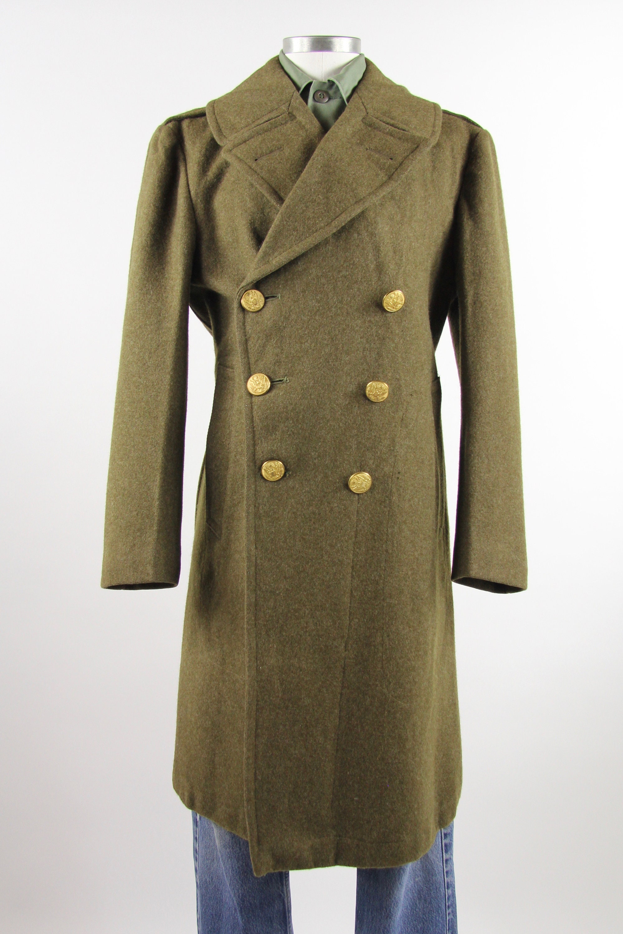 WWII Men's Military Coat Wool Gold Button Olive Green Trench Winter