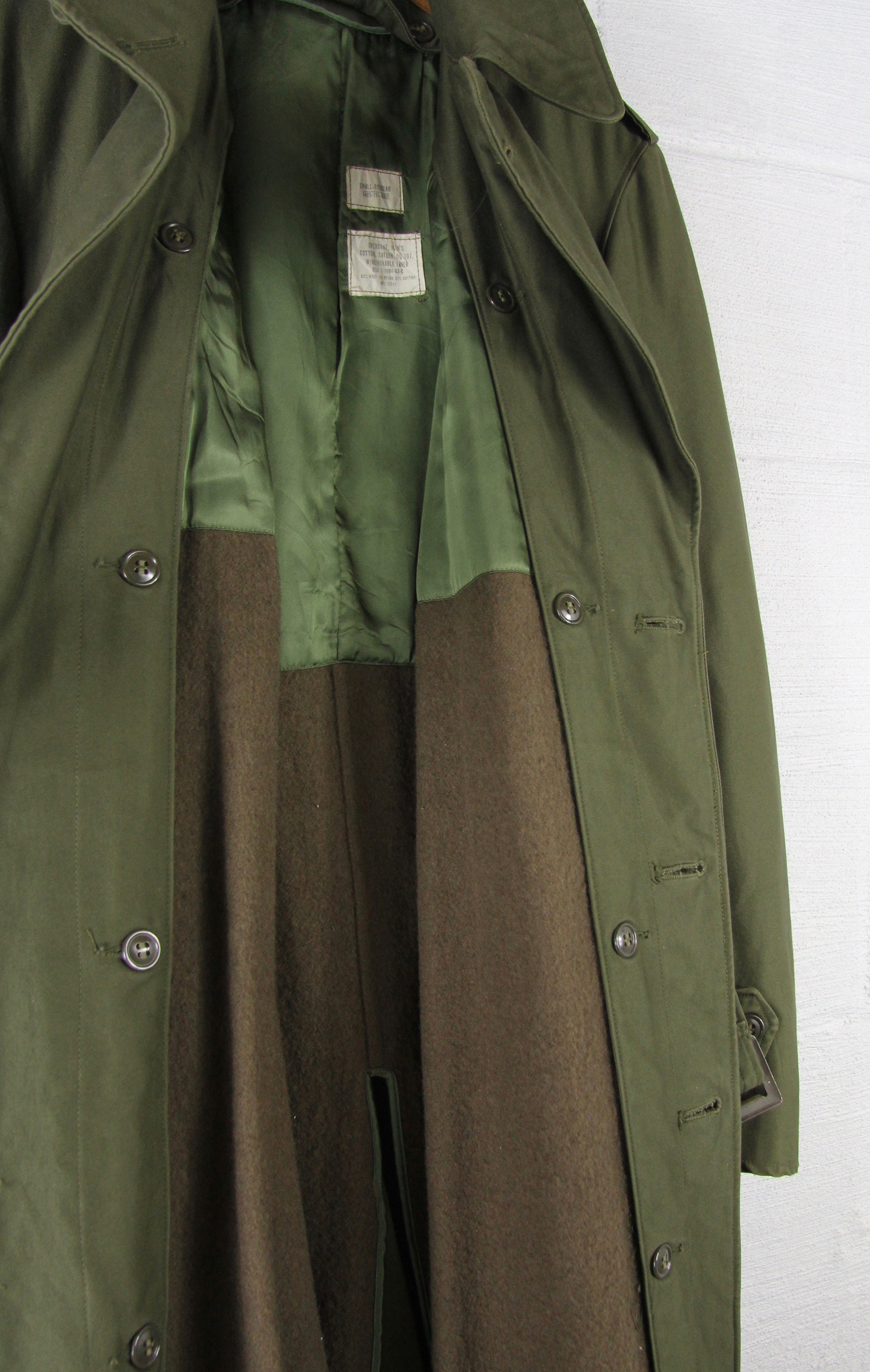 LINED Military Trench Coat Vietnam Army Green Thick Heavy Vintage