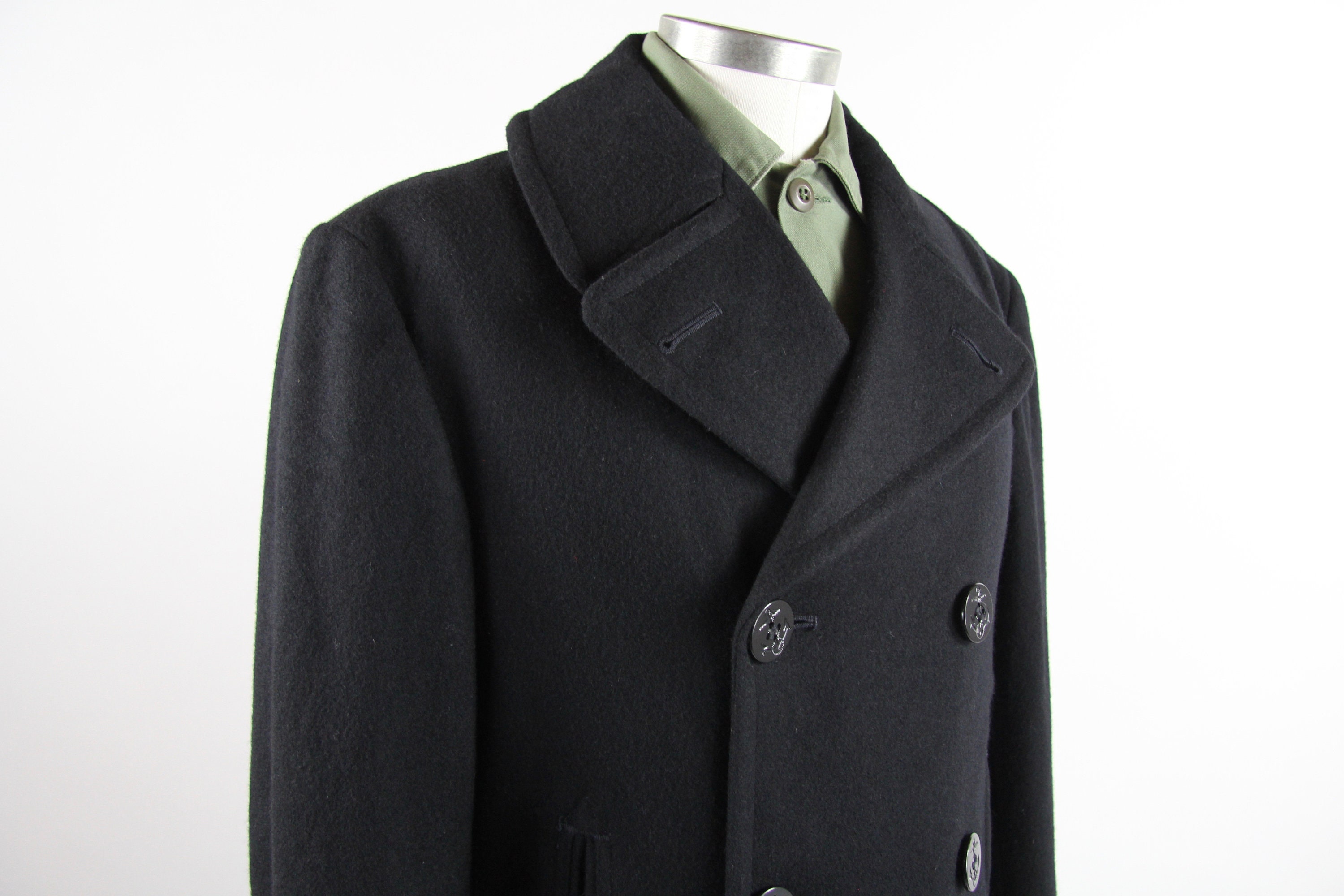 Black US Navy Peacoat Men's Military Coat Officers Jacket Vintage Size