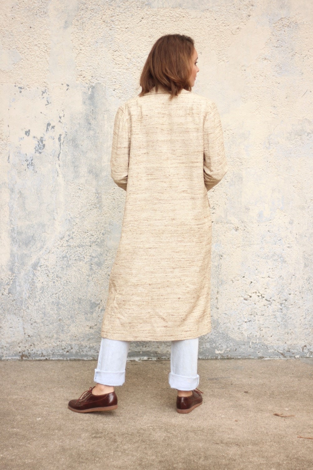 50's Long Jacket Cream Dress Coat Mod Knee Length Coat Made in NY USA