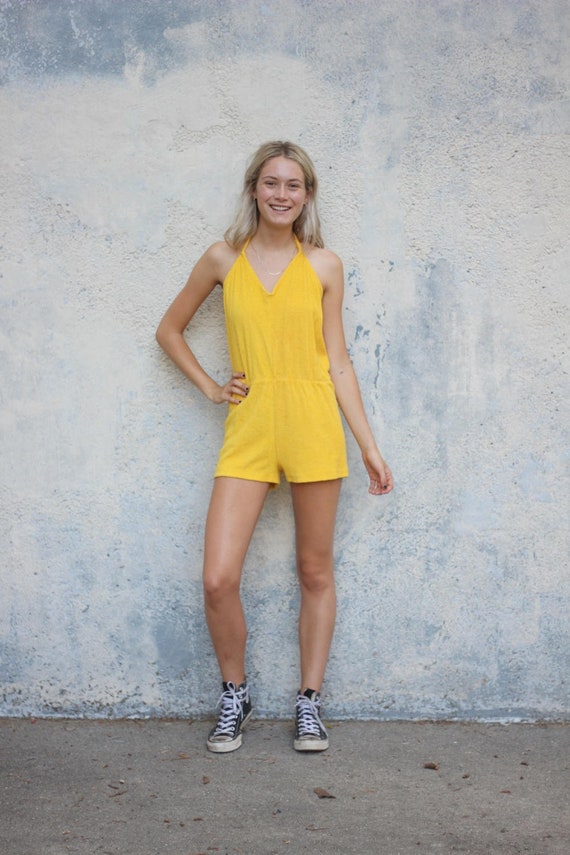 Yellow Terrycloth Roper Women's Halter Playsuit On