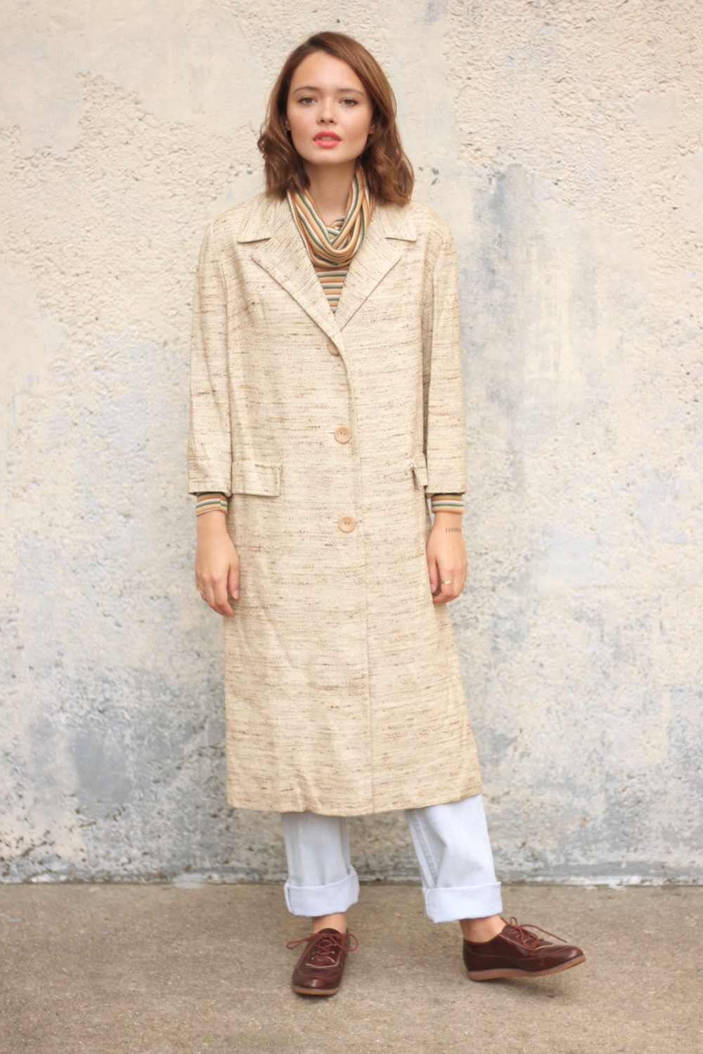 50's Long Jacket Cream Dress Coat Mod Knee Length Coat Made in NY USA