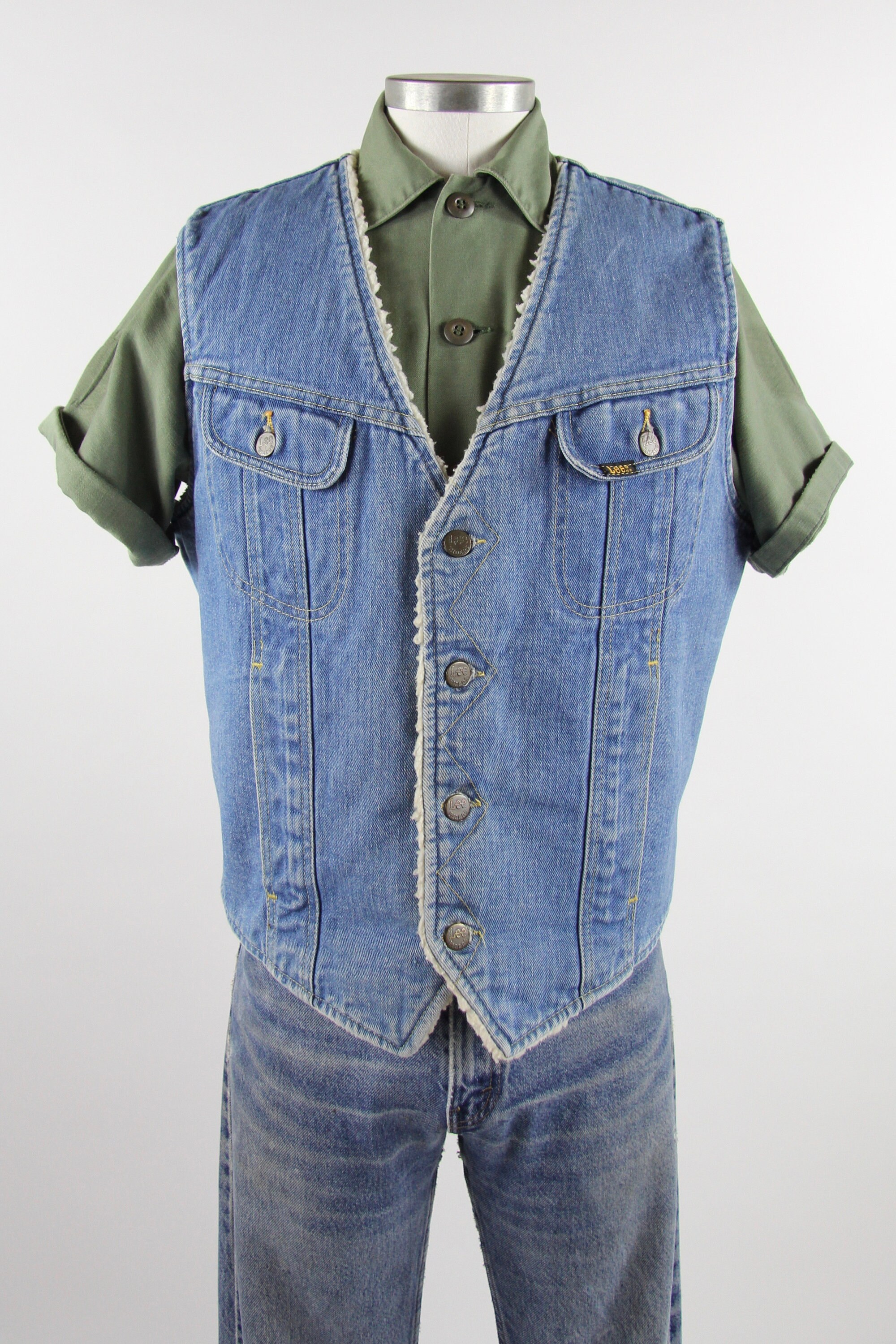 Lee Rider 70's Denim Vest Sherpa Lined Button Up Jean Vest Vintage Size Medium Large Made in the USA