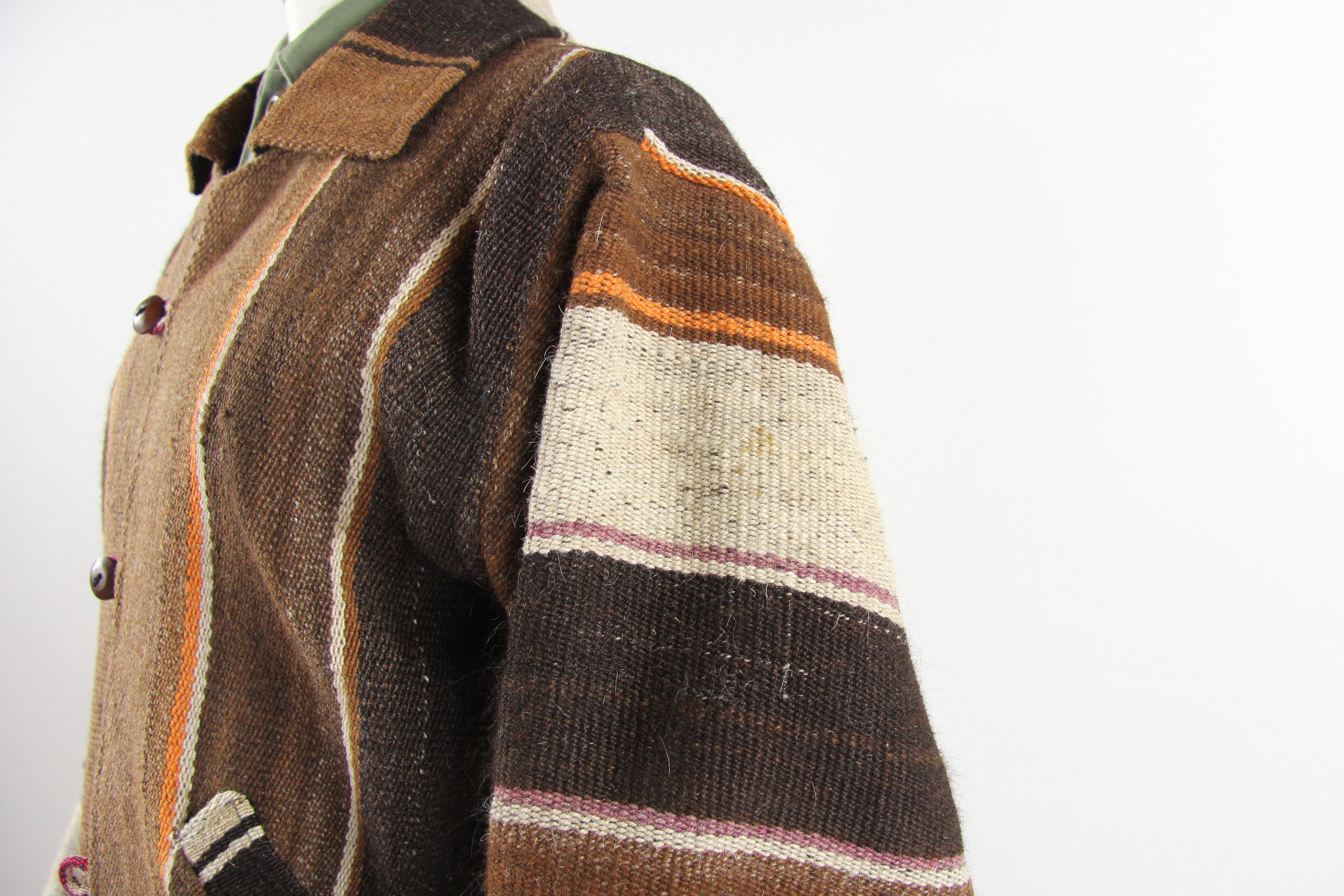 Kilim Brown Striped Jacket Heavy Wool Fur Coat Vintage Size Medium