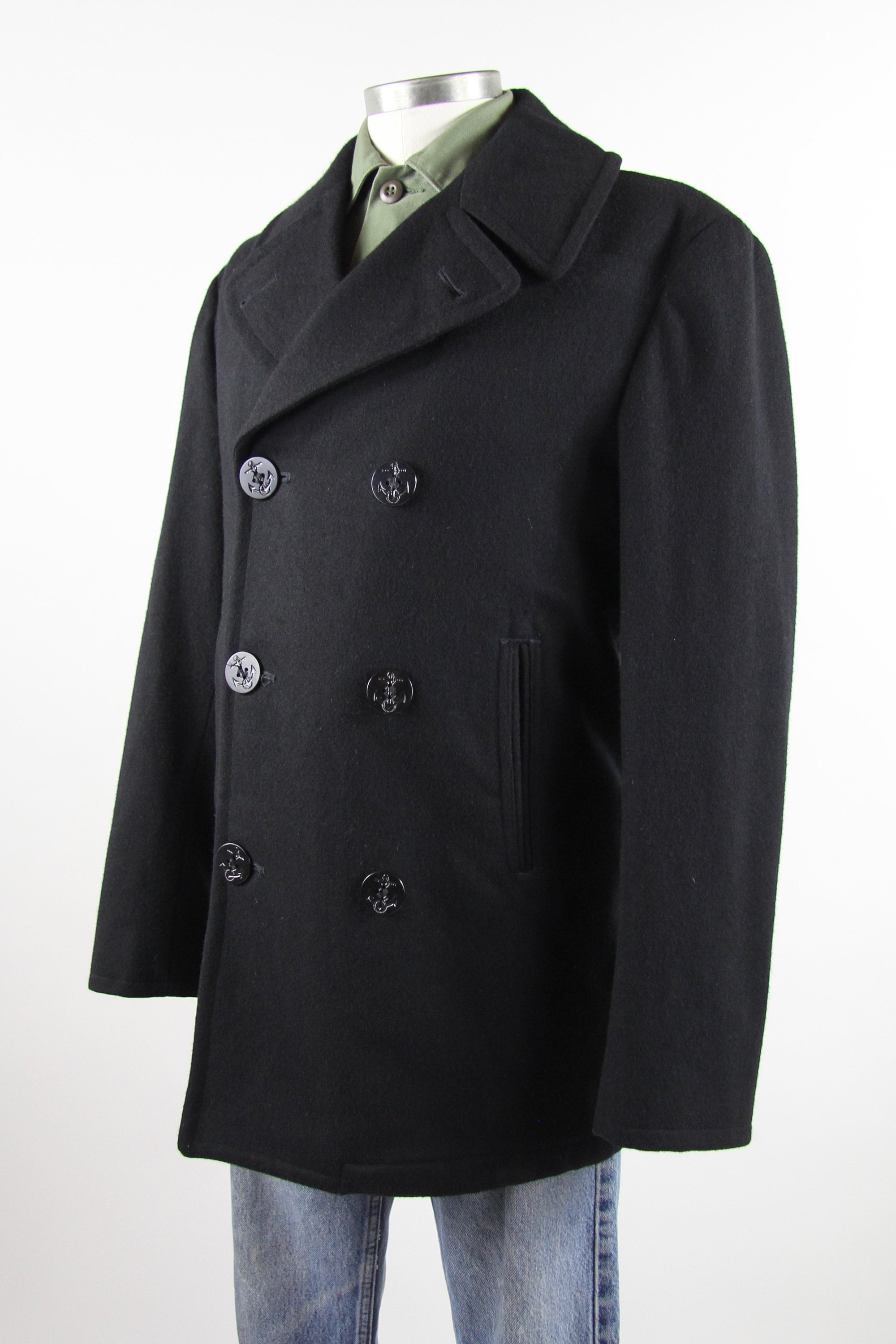 Black US Navy Peacoat Men's Military Coat Officers Jacket Vintage Size