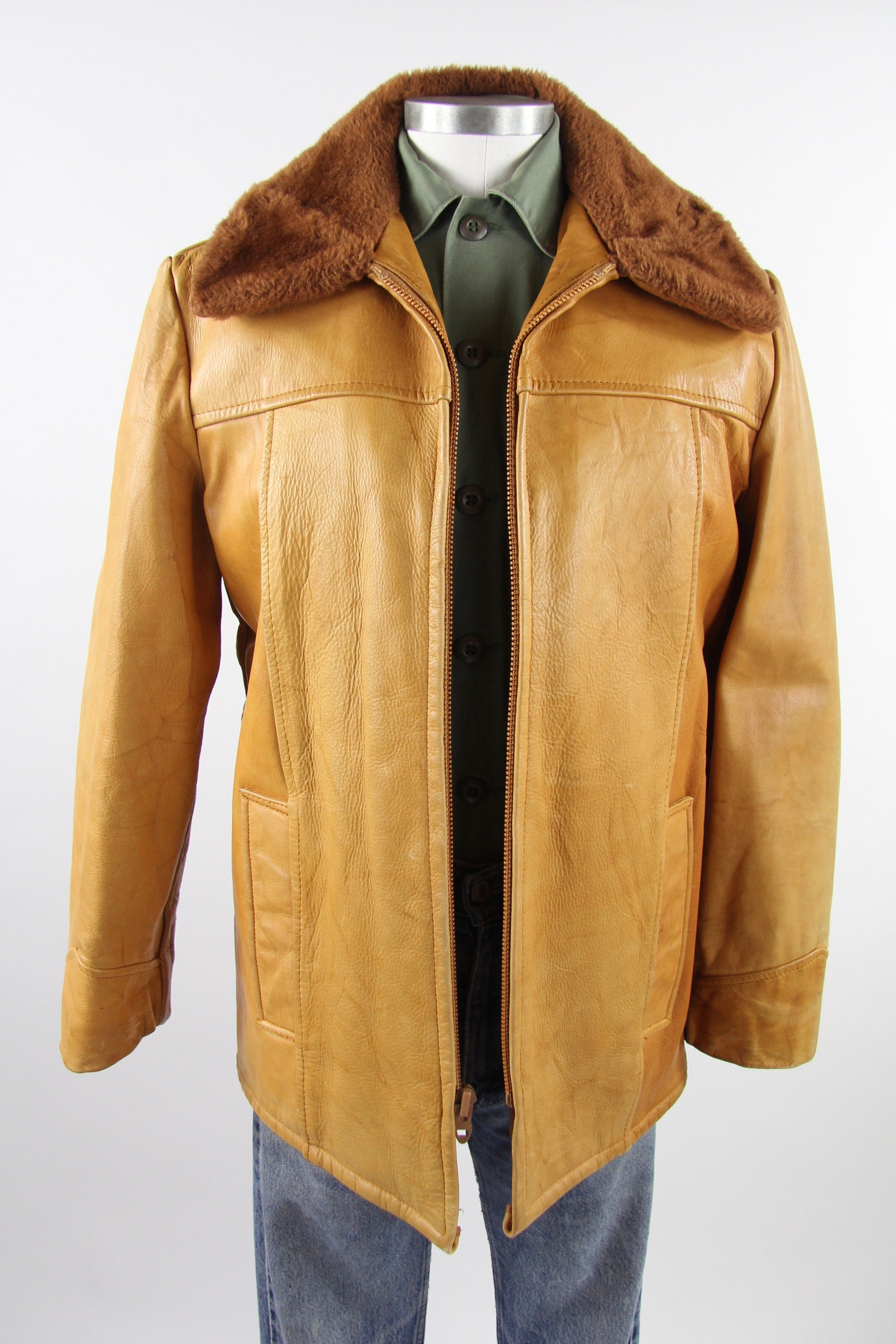 70's Tan Leather Men's Coat Thick Heavy Leather Farm Jacket Men's
