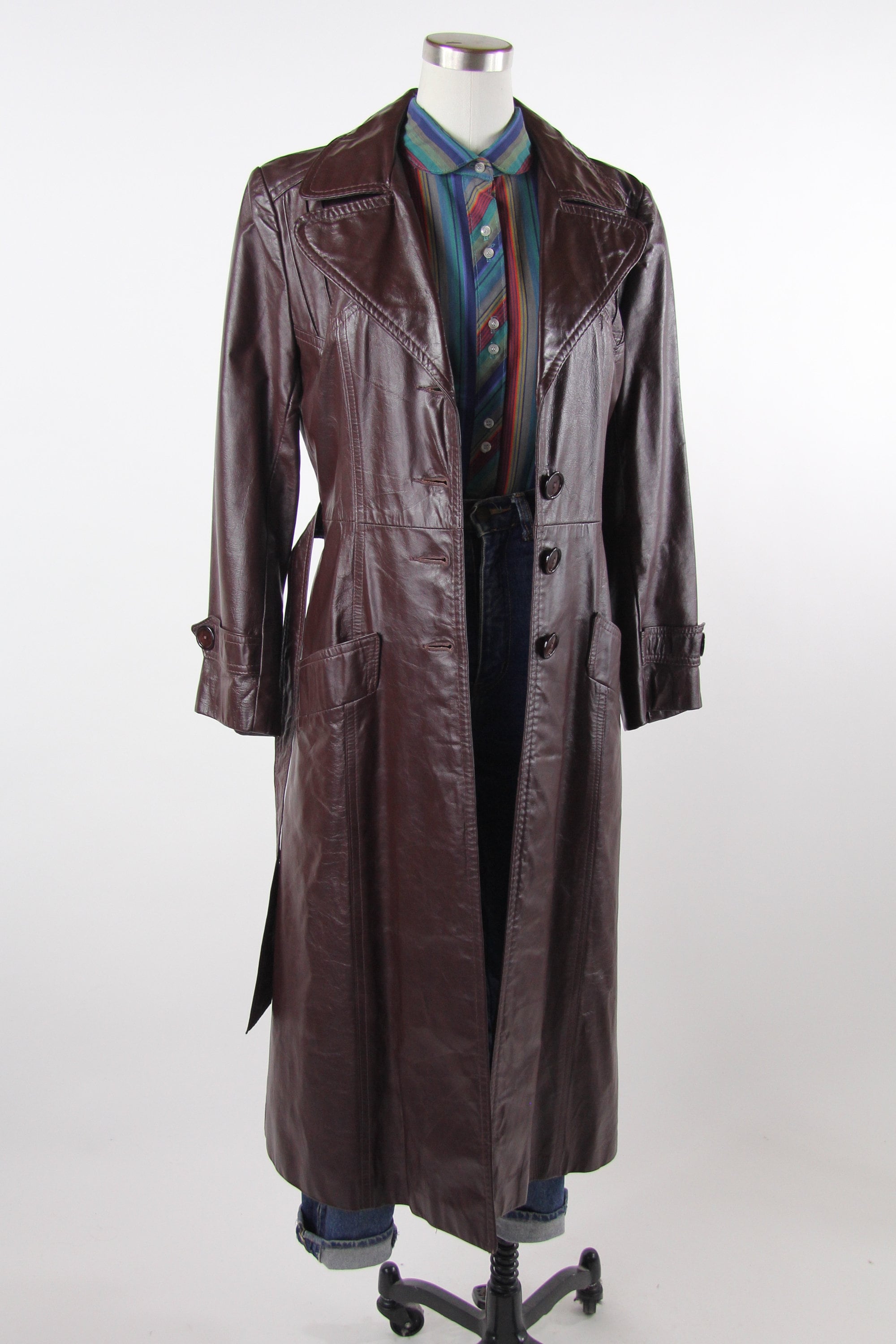 70's Women's Leather Coat Vintage Trench Coat Winter Jacket Brown