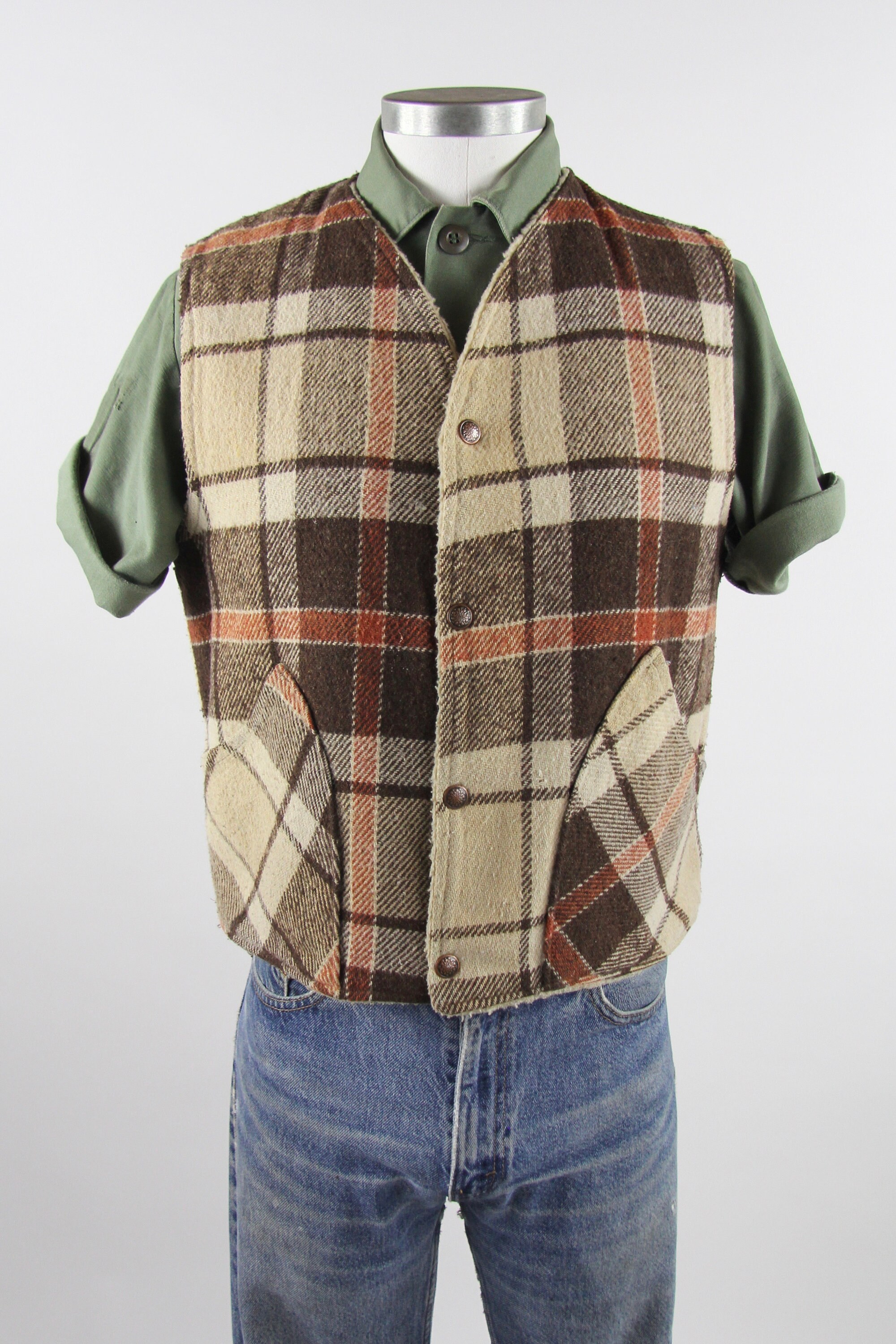Plaid Work Vest Men's Warm Sherpa Faux Fur Lined Cotton 70's Vest