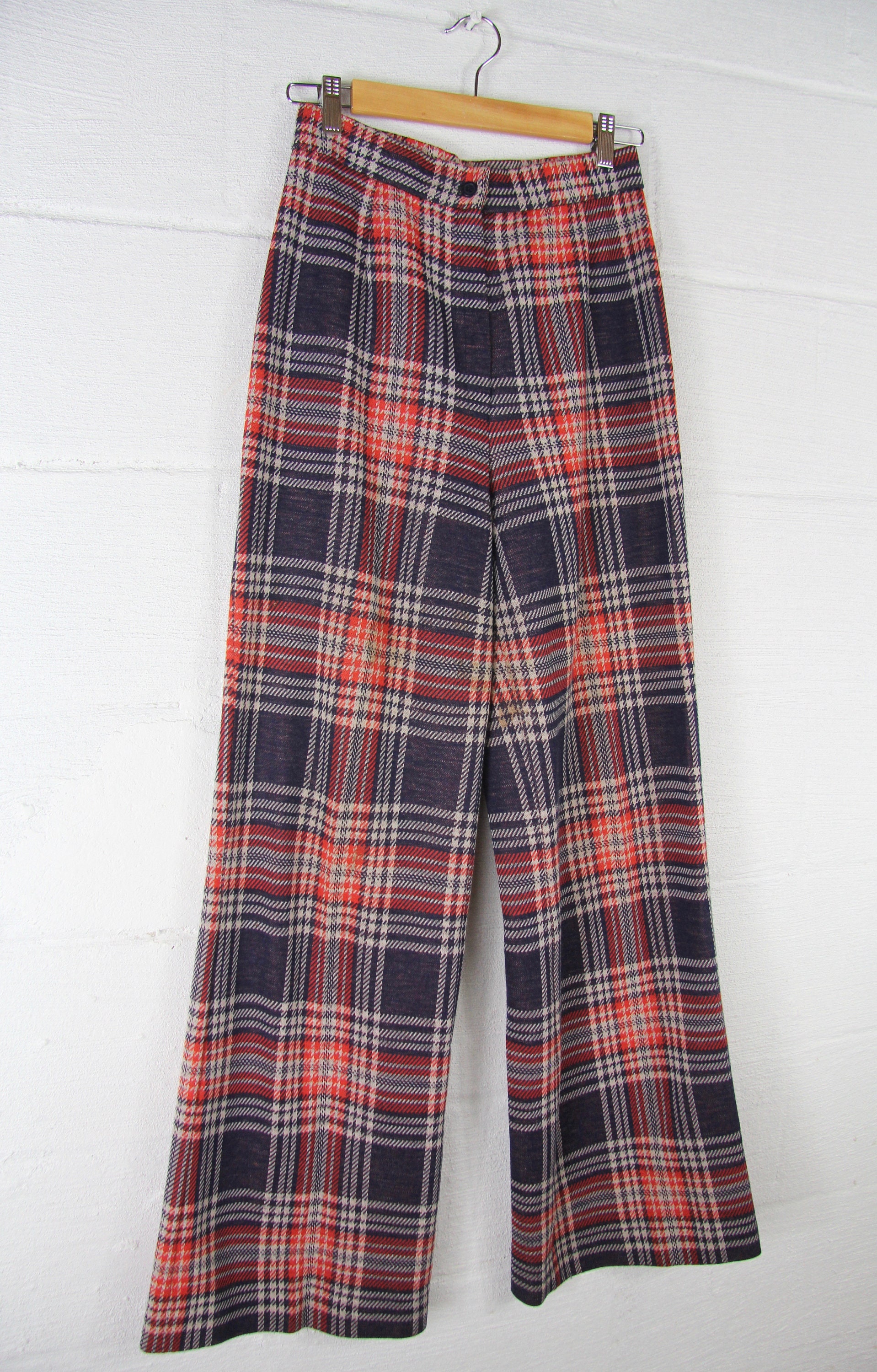 1970s Women's Plaid Bell Bottom Pants Navy Orange and Brown 27 Vintage ...