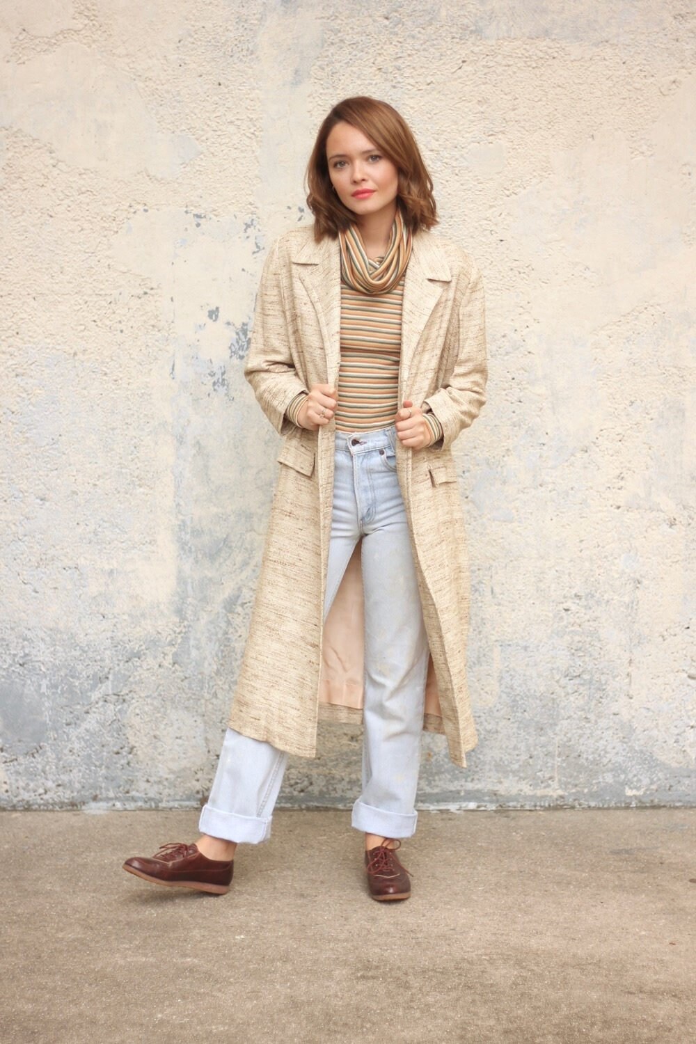 50's Long Jacket Cream Dress Coat Mod Knee Length Coat Made in NY USA