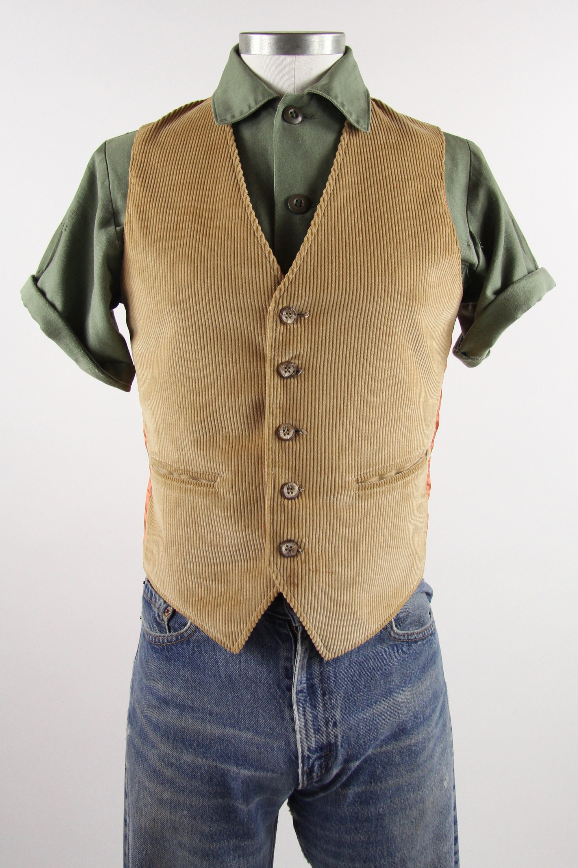 Men's Corduroy Vest Tan / Khaki Vintage Vest Size Small / Medium