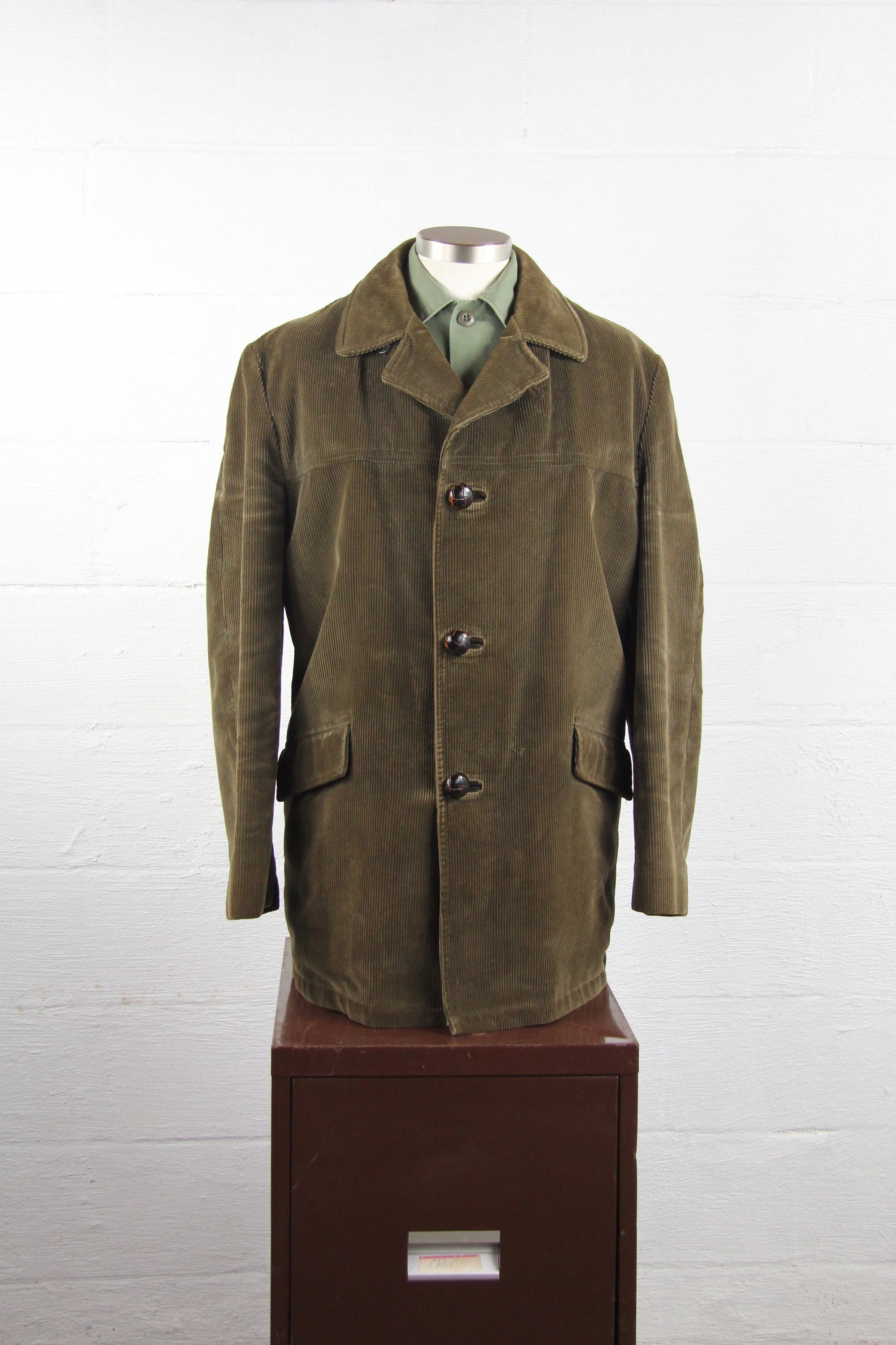 Men's Corduroy Green Winter Jacket with Lining Vintage Size Large