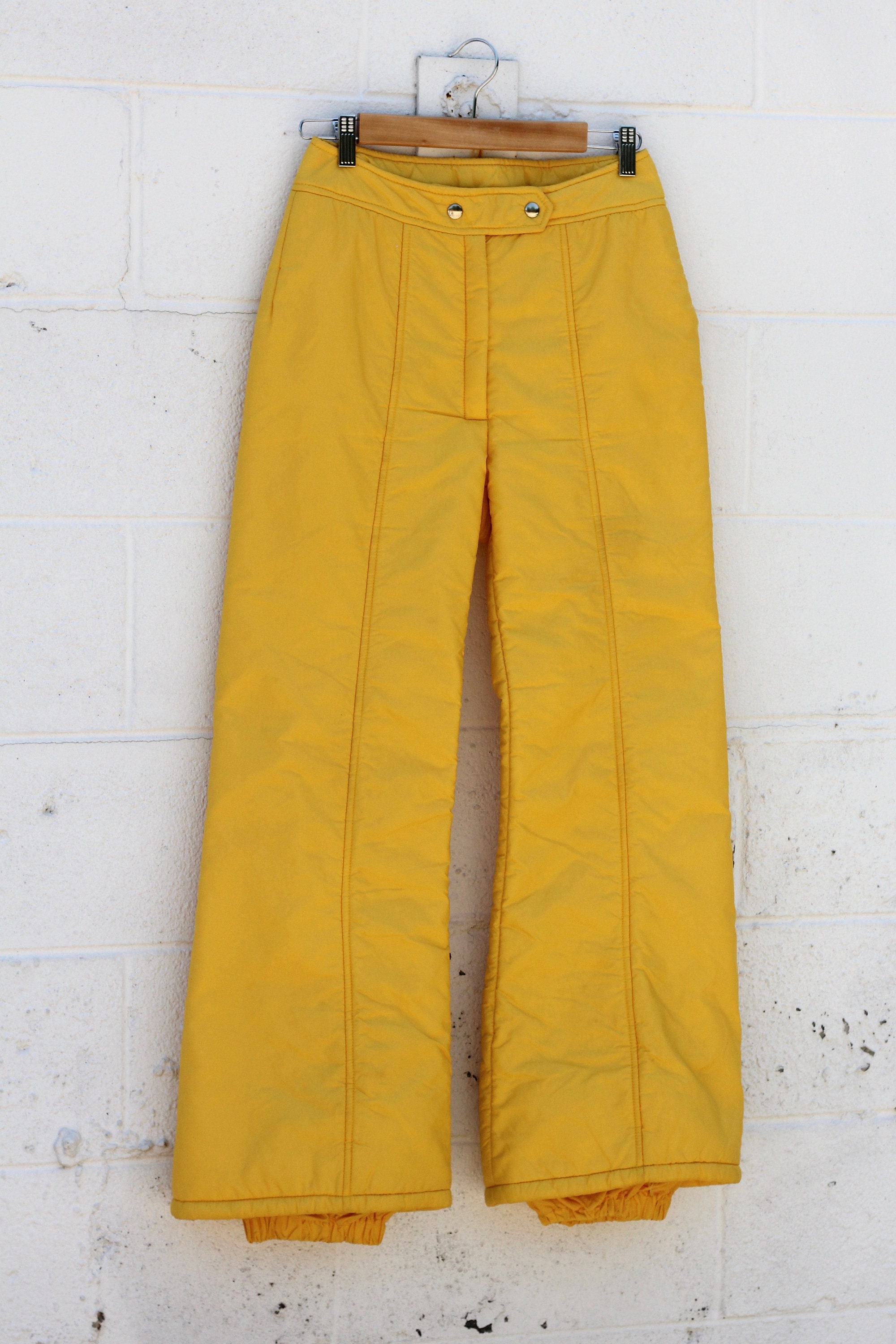 70s Bright Yellow High Waisted Bell Bottom Ski Pants Snow Pants 28x29