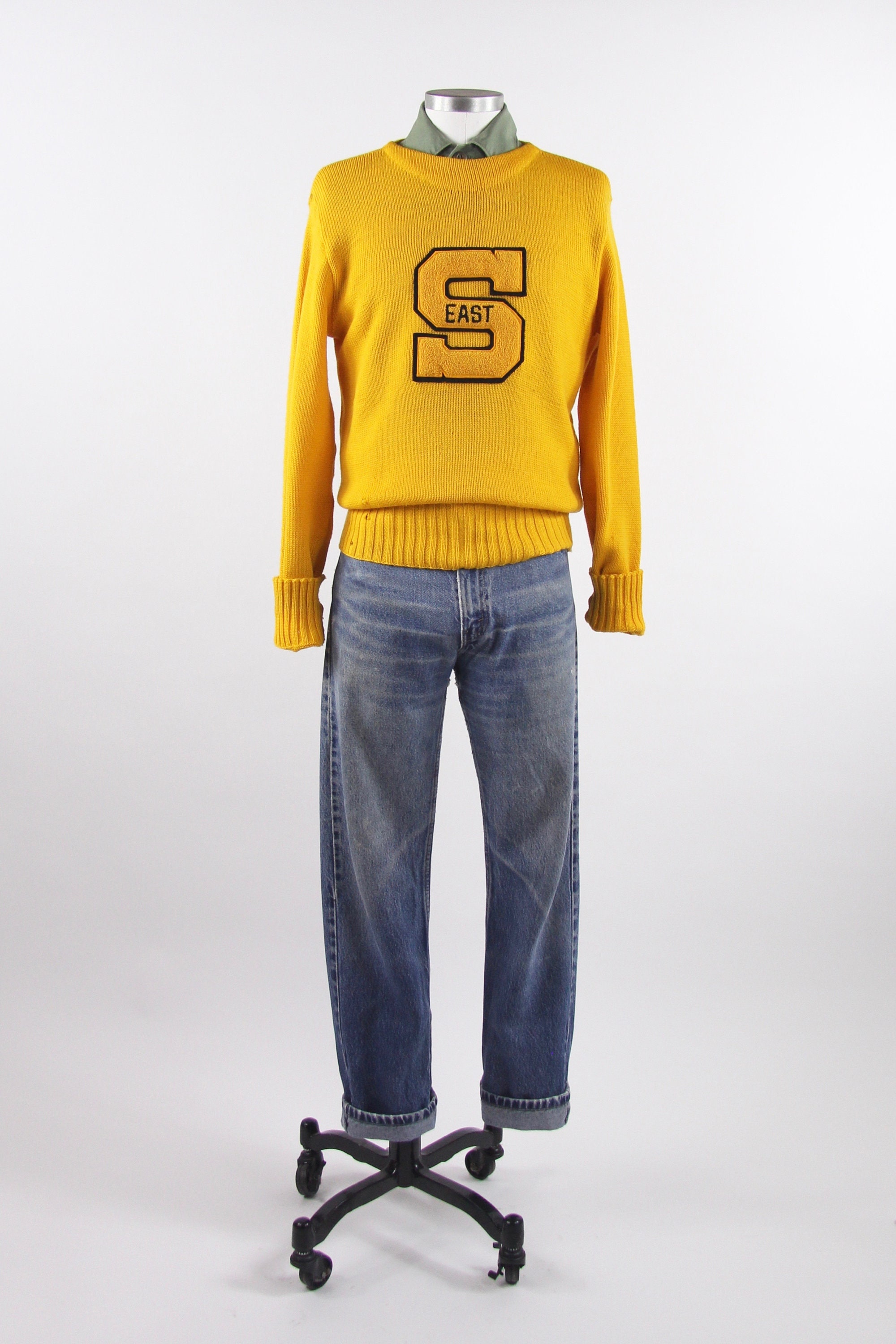 1950's Varsity Sweater Yellow Letterman Pullover Sweater Gerry's Sport Shop Vintage Size Medium