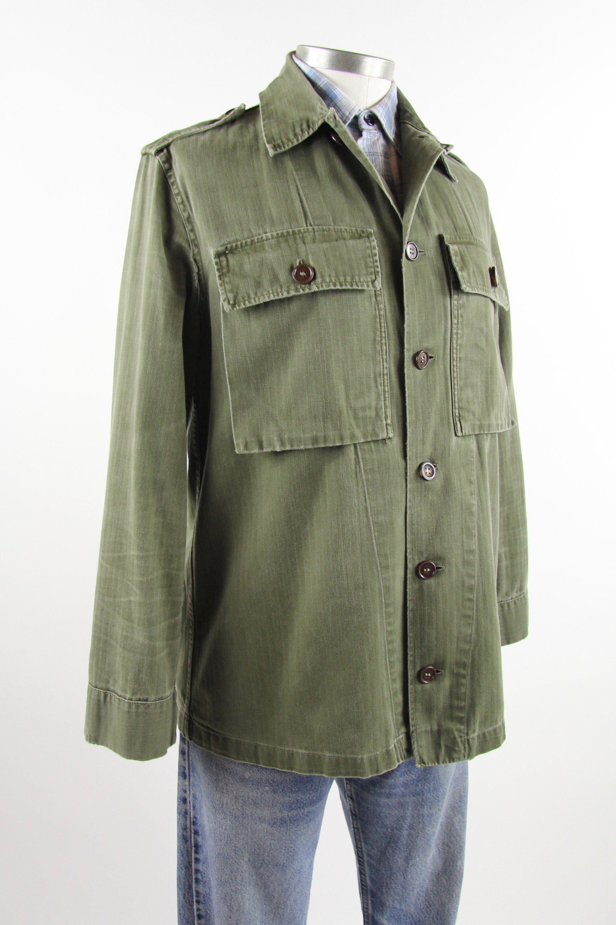Green Military Shirt Men's Button Down Long Sleeve Olive Green Fatigue