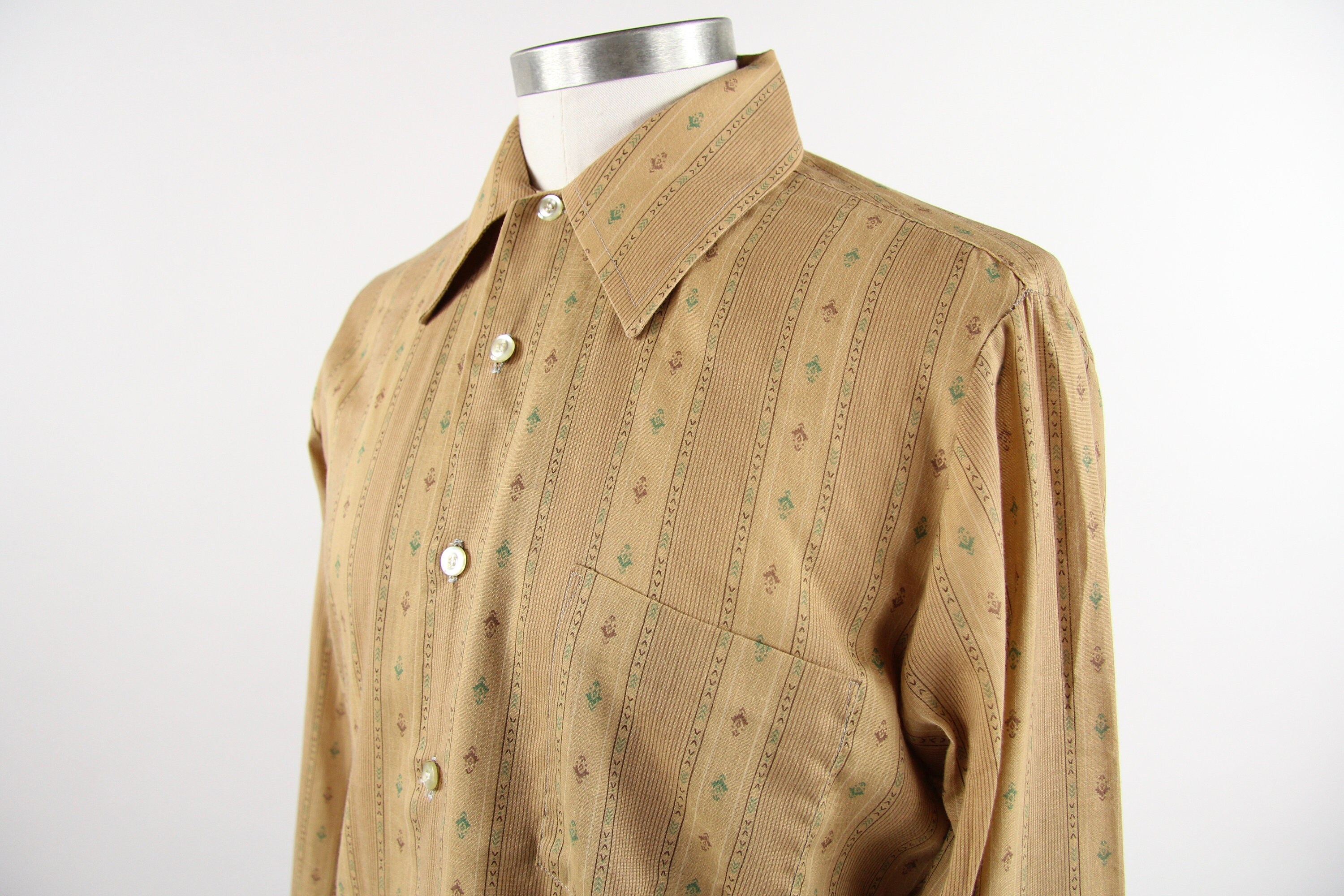 Men's Striped Brown Shirt Green Patterned Button Down Dress Shirt 60's