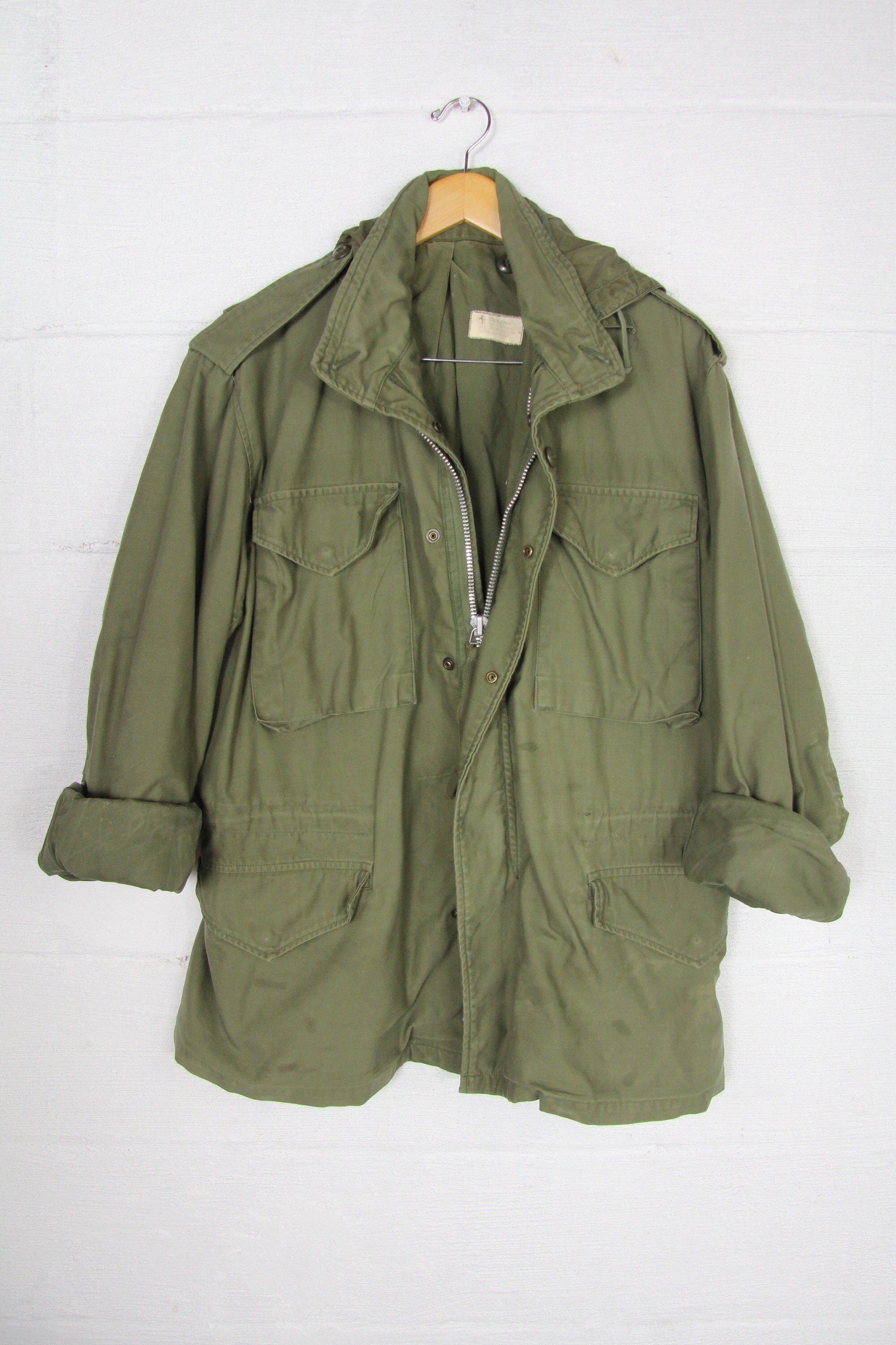 Heavy Military Army Coat with Hood Olive Green Field Coat Vintage Size