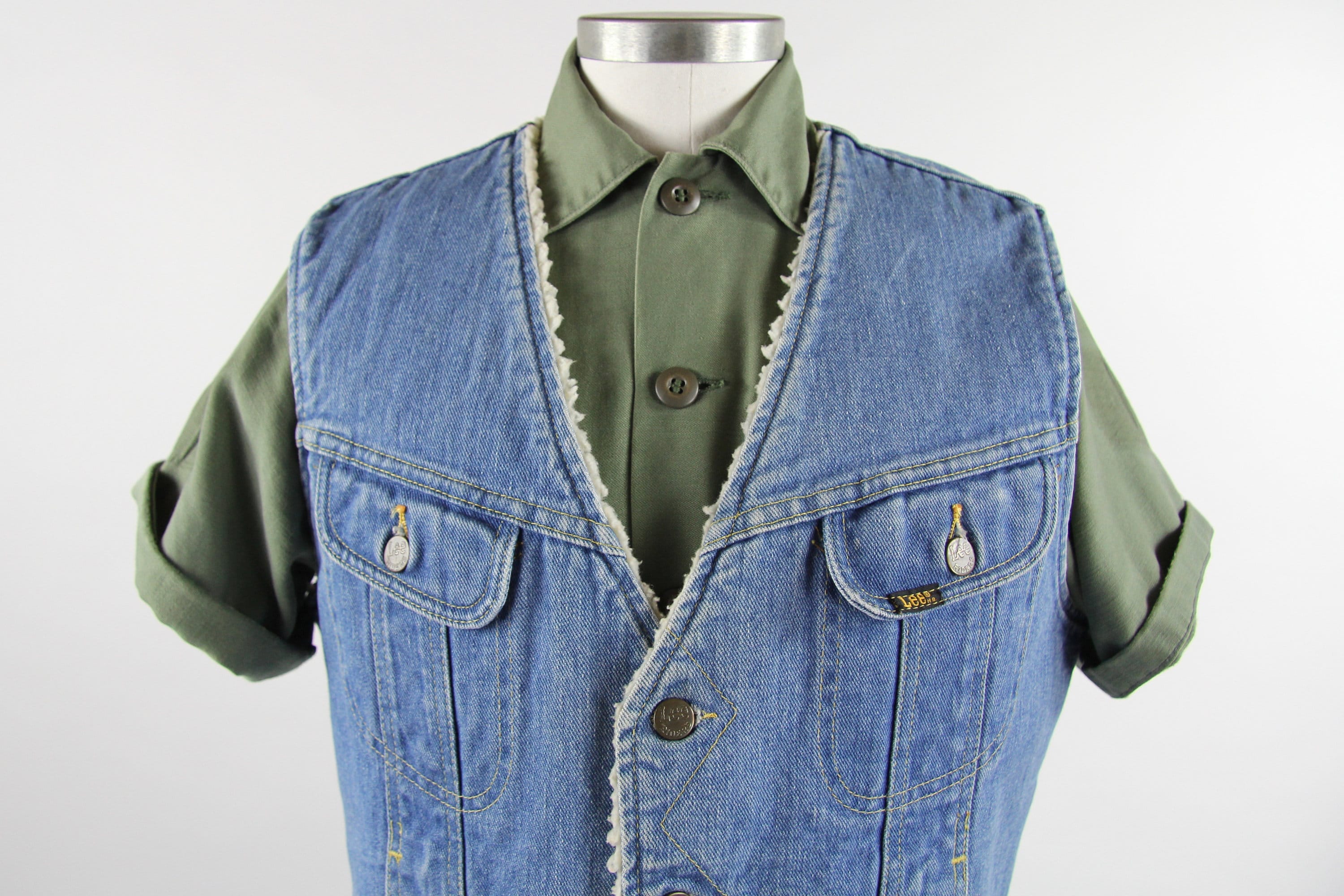 Lee Rider 70's Denim Vest Sherpa Lined Button Up Jean Vest Vintage Size Medium Large Made in the USA