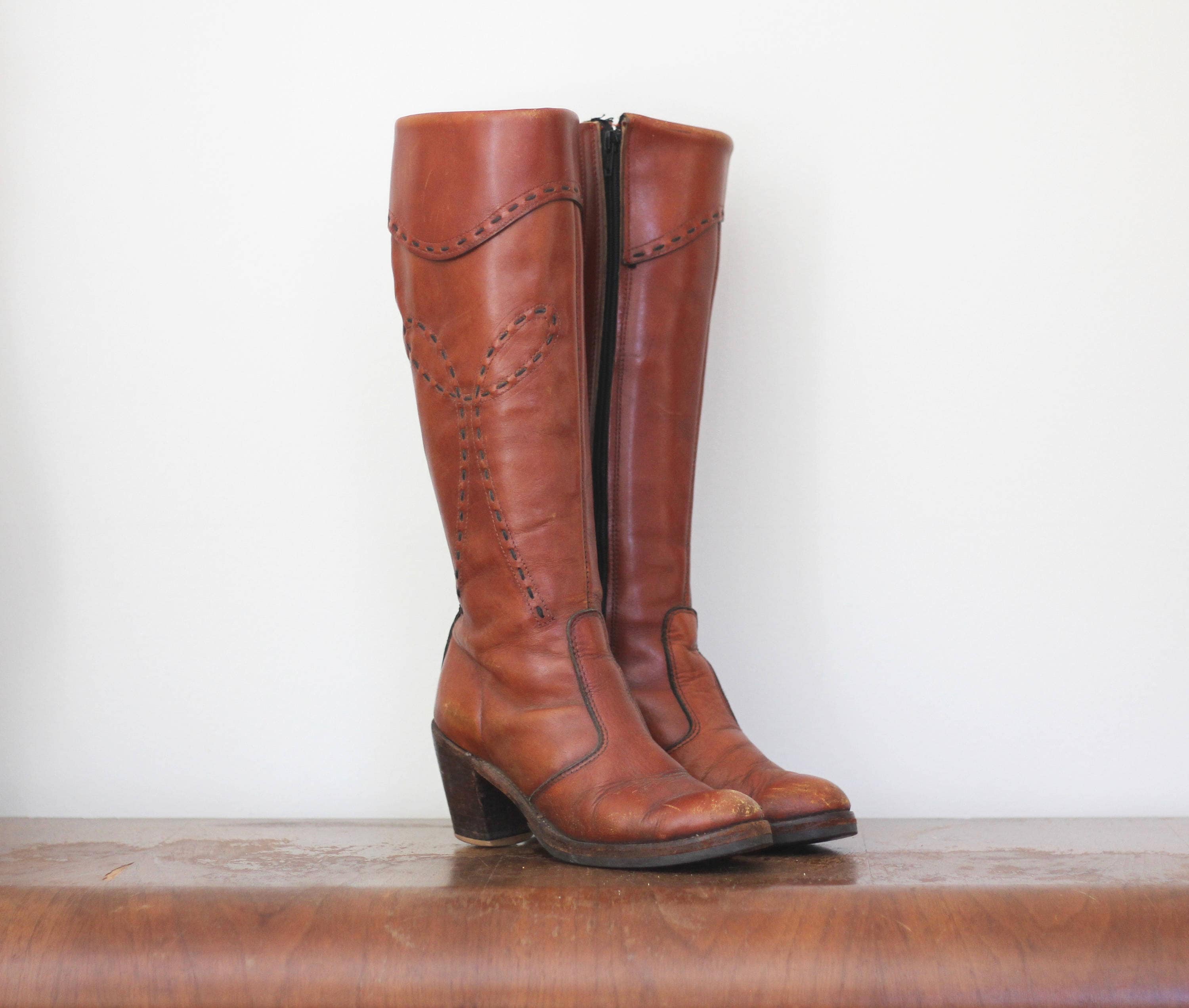 brown boots knee high heel