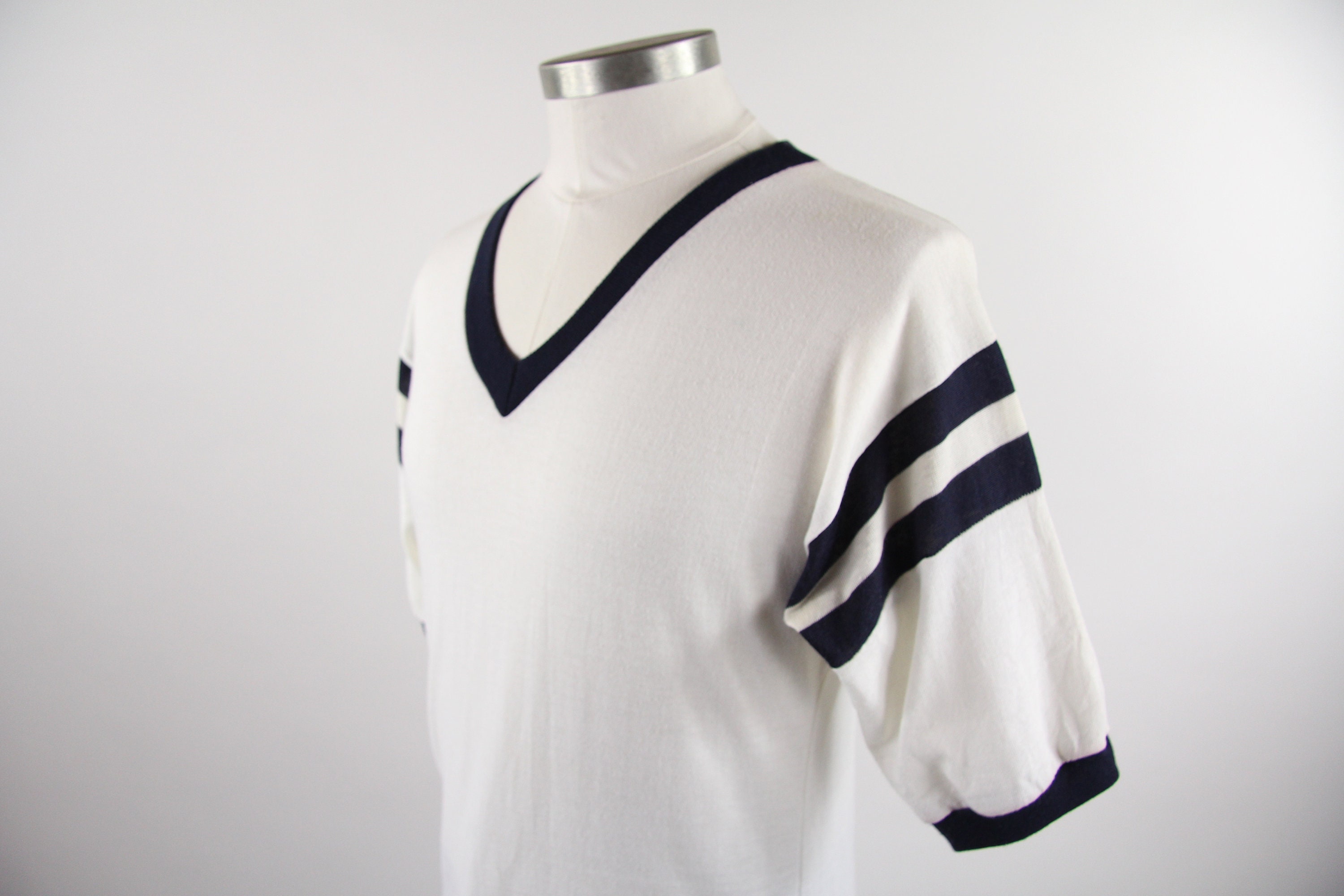 VNeck Ringer Baseball Tee 50/50 White Vintage TShirt Made in the USA