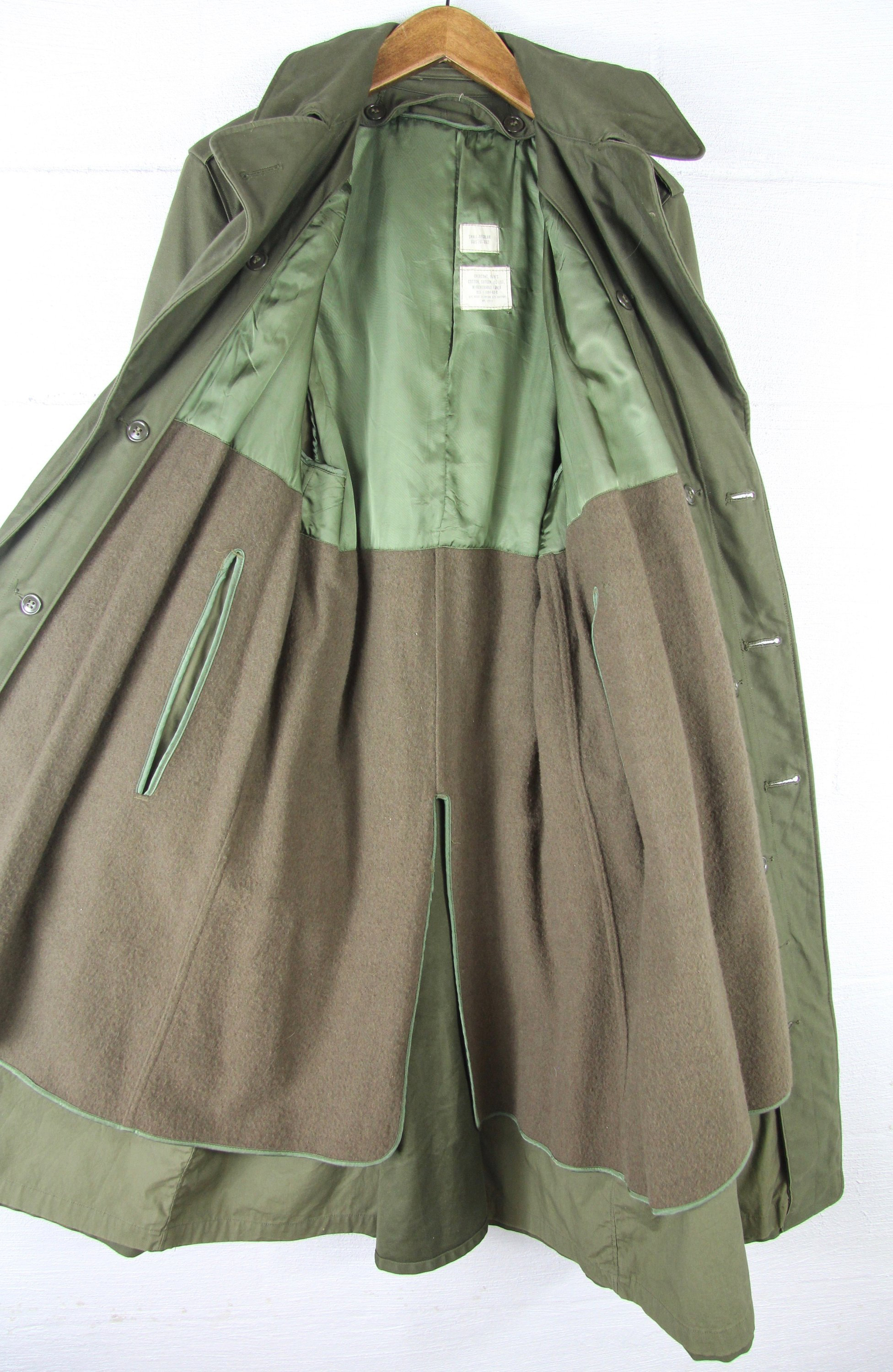 LINED Military Trench Coat Vietnam Army Green Thick Heavy Vintage