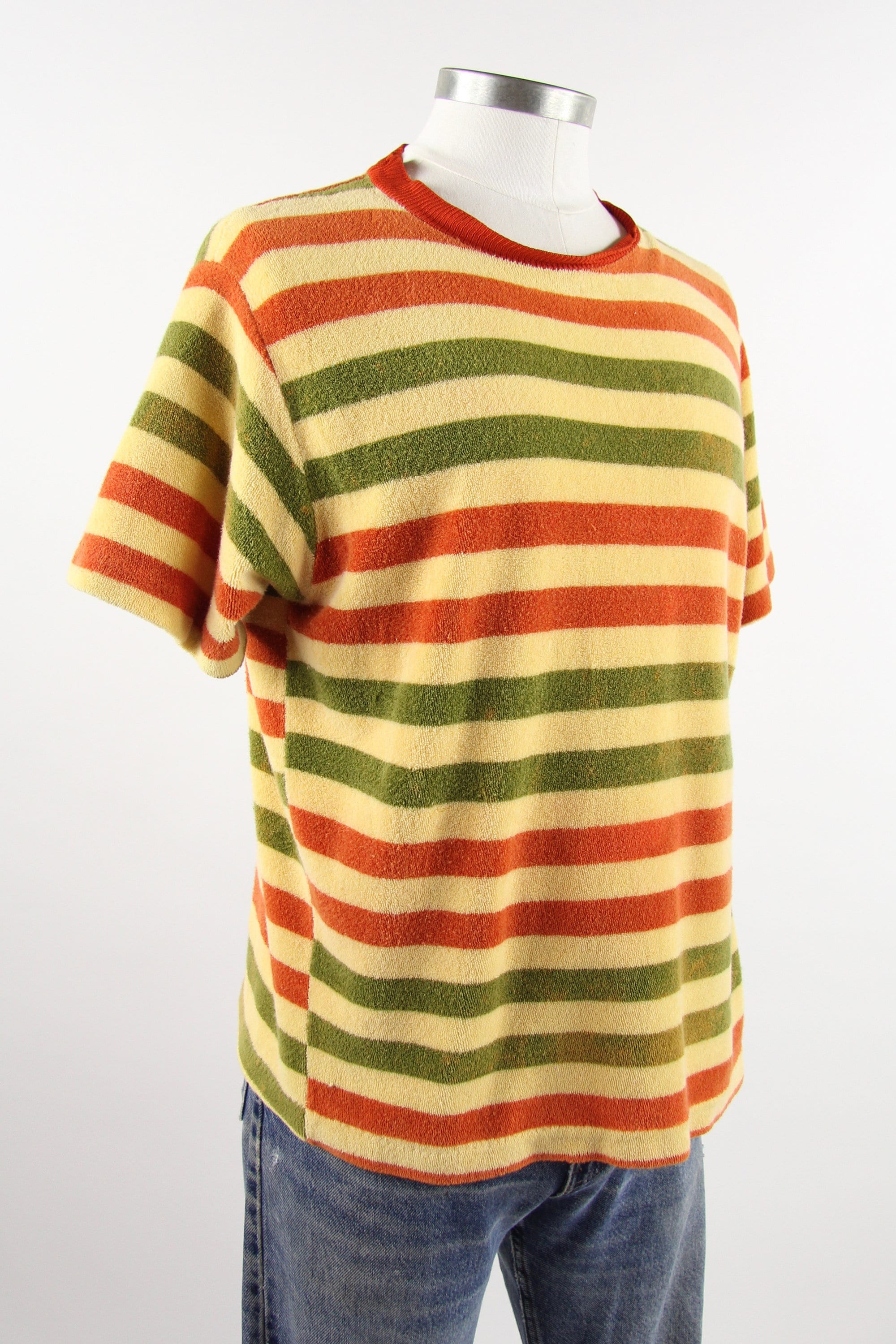 60's Striped Shirt Yellow Terry Cloth T-shirt Size Medium